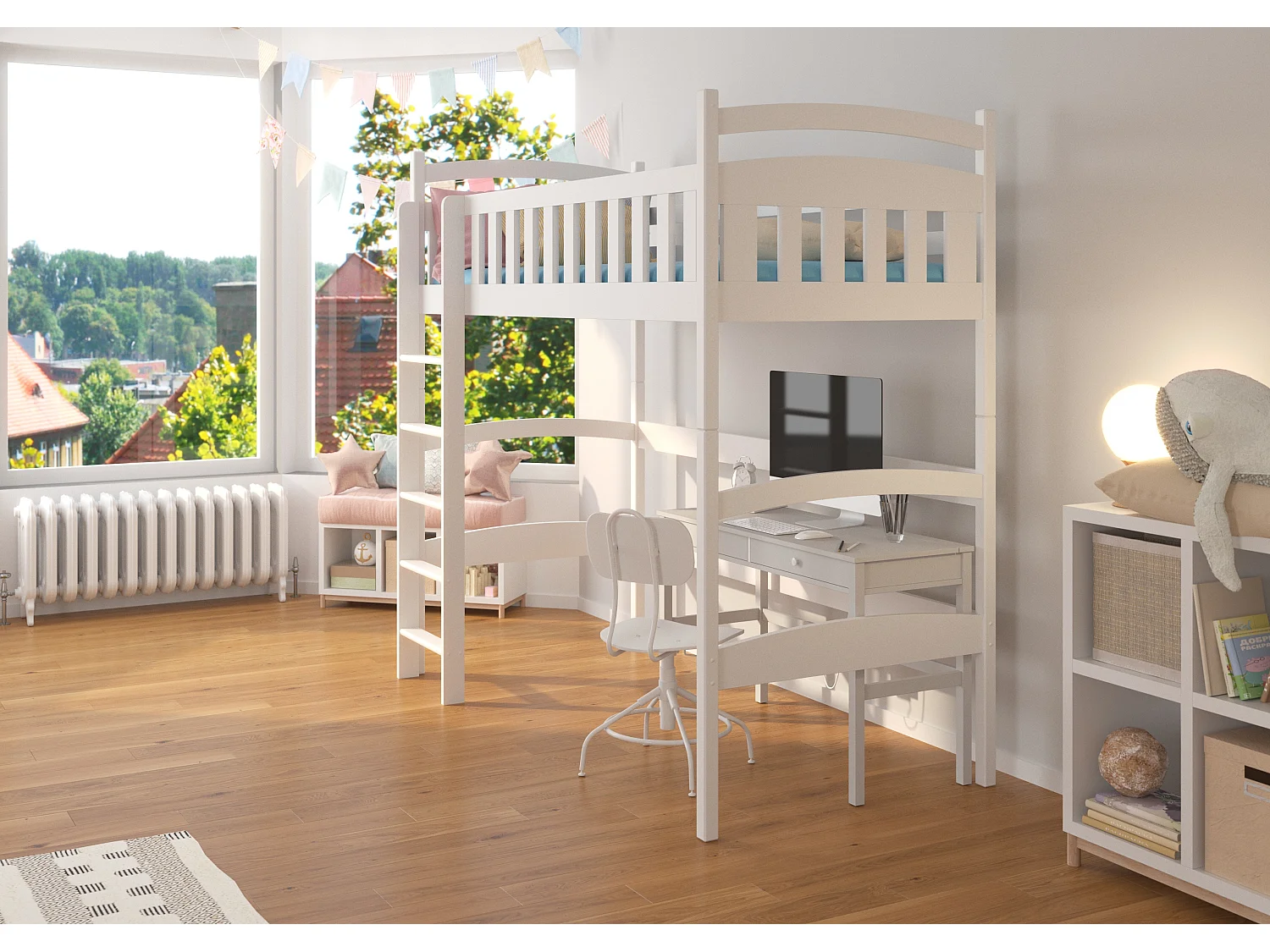 Lit enfant mezzanine bois de pin blanc 90x200 Mikola