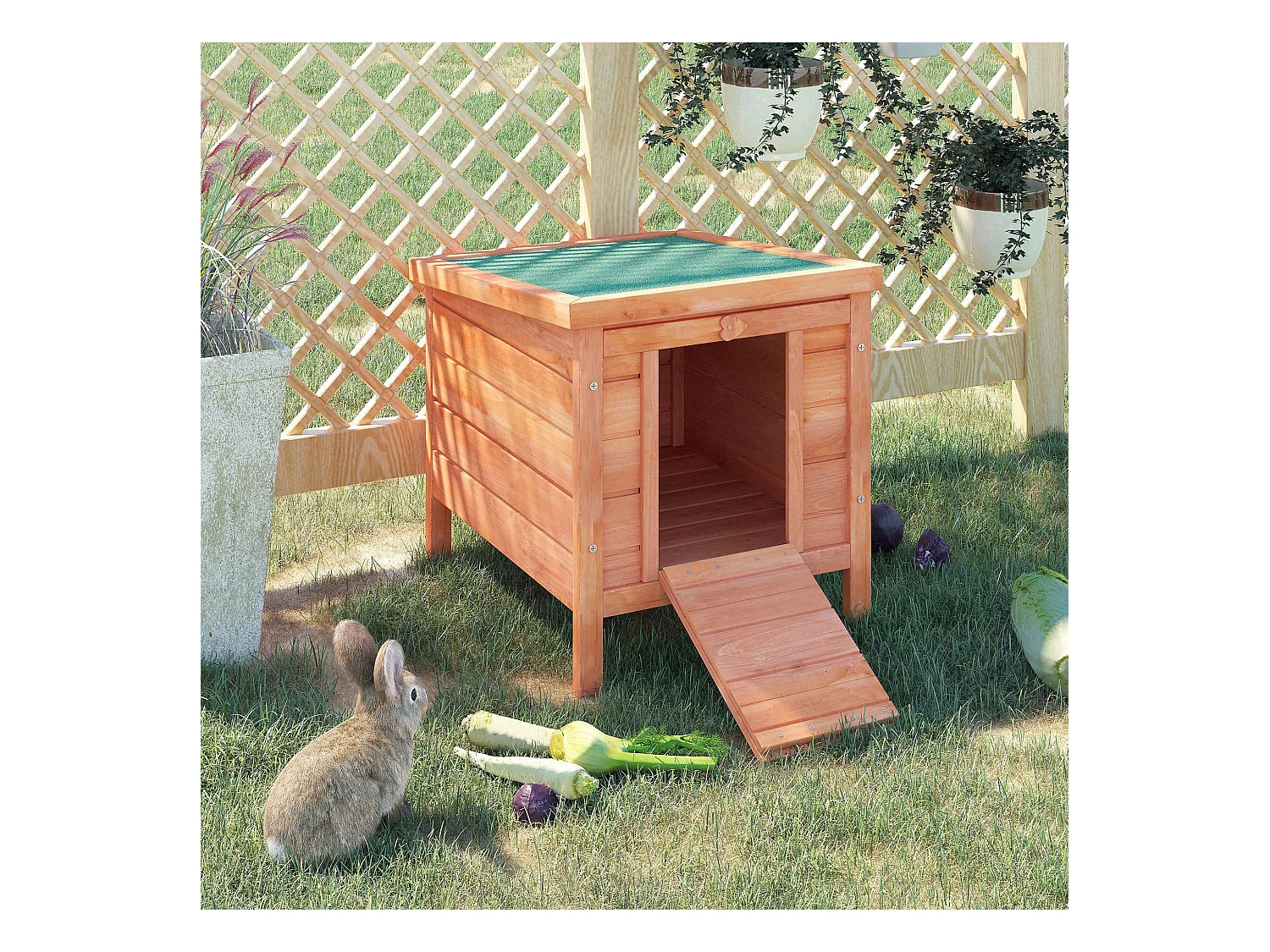 Clapier de sol niche enclos pour lapin porte rampe verrouillable 2 en 1 toit ouvrant bitumé bois sapin pré-huilé