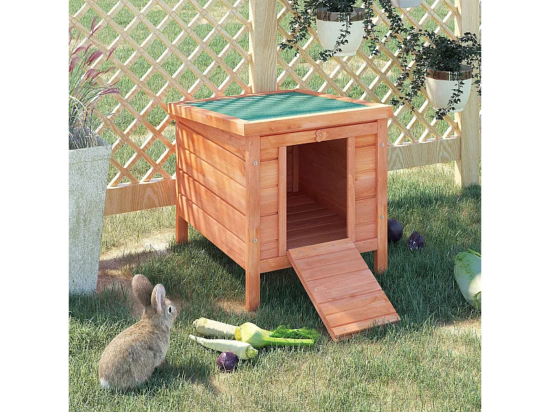 Clapier de sol niche enclos pour lapin porte rampe verrouillable 2 en 1 toit ouvrant bitumé bois sapin pré-huilé