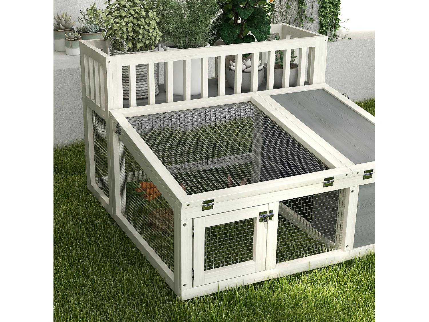 Clapier cage lapin design - espace déco, niche, enclos, nombreuses portes - bois gris blanc