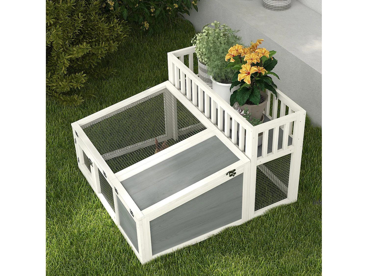 Clapier cage lapin design - espace déco, niche, enclos, nombreuses portes - bois gris blanc