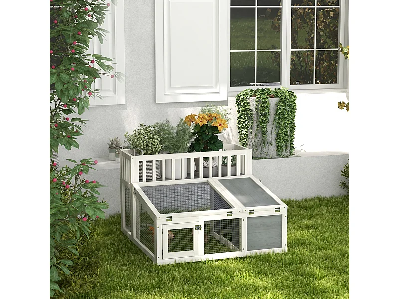 Clapier cage lapin design - espace déco, niche, enclos, nombreuses portes - bois gris blanc