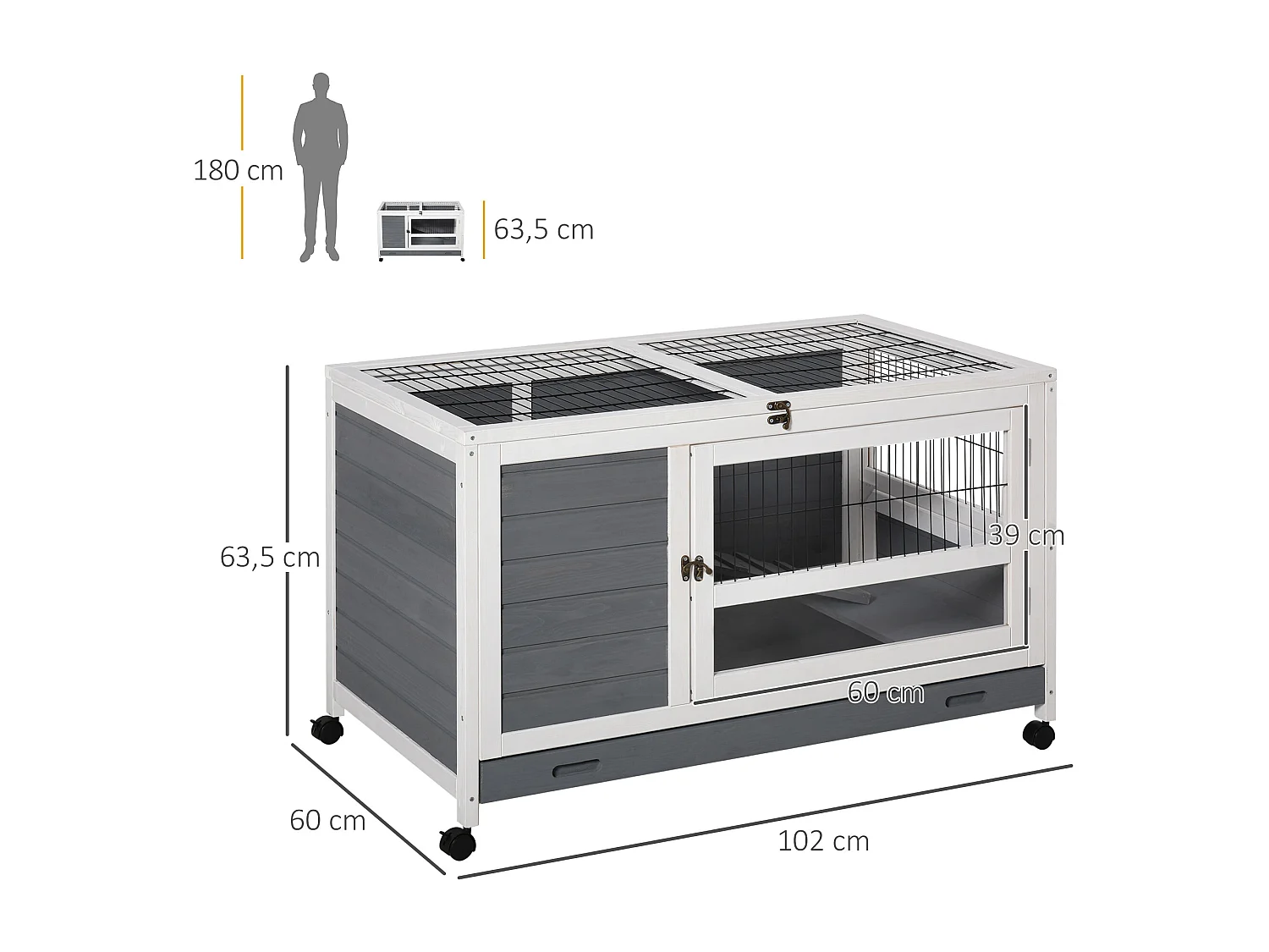 Clapier à lapin sur roulettes cage à lapin 2 niv. 2 portes verrouillables toit ouvrant plateau coulissant rampe bois gris blanc