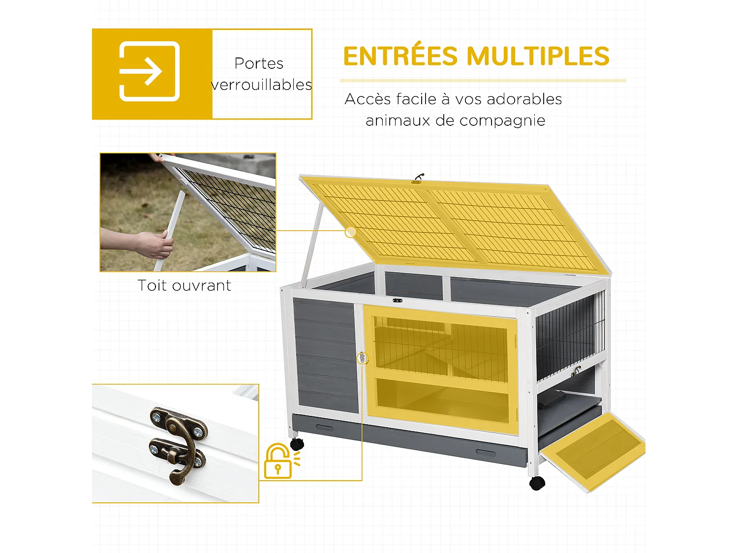 Clapier à lapin sur roulettes cage à lapin 2 niv. 2 portes verrouillables toit ouvrant plateau coulissant rampe bois gris blanc