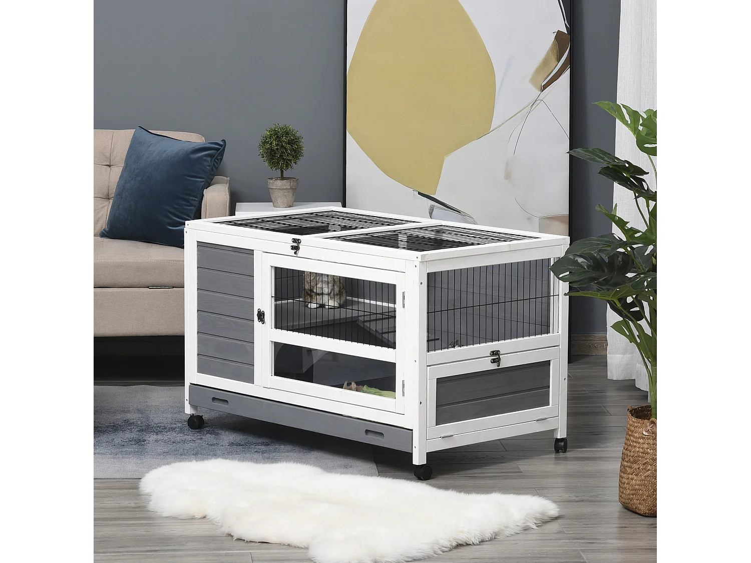 Clapier à lapin sur roulettes cage à lapin 2 niv. 2 portes verrouillables toit ouvrant plateau coulissant rampe bois gris blanc
