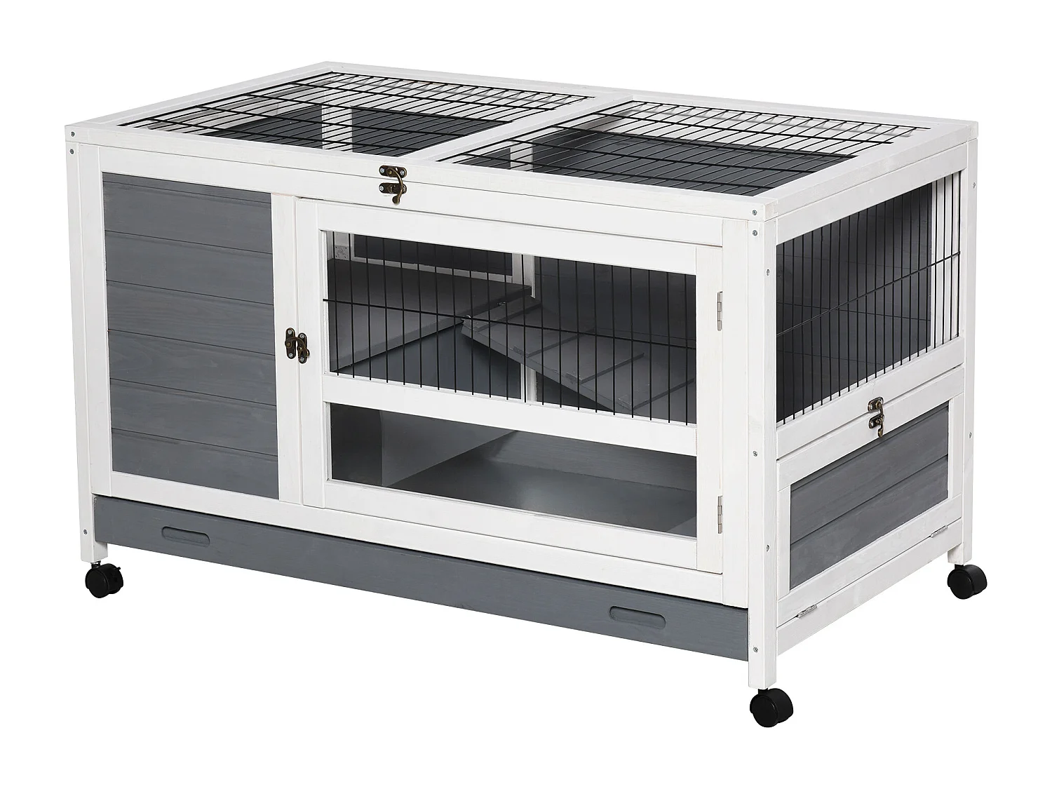 Clapier à lapin sur roulettes cage à lapin 2 niv. 2 portes verrouillables toit ouvrant plateau coulissant rampe bois gris blanc