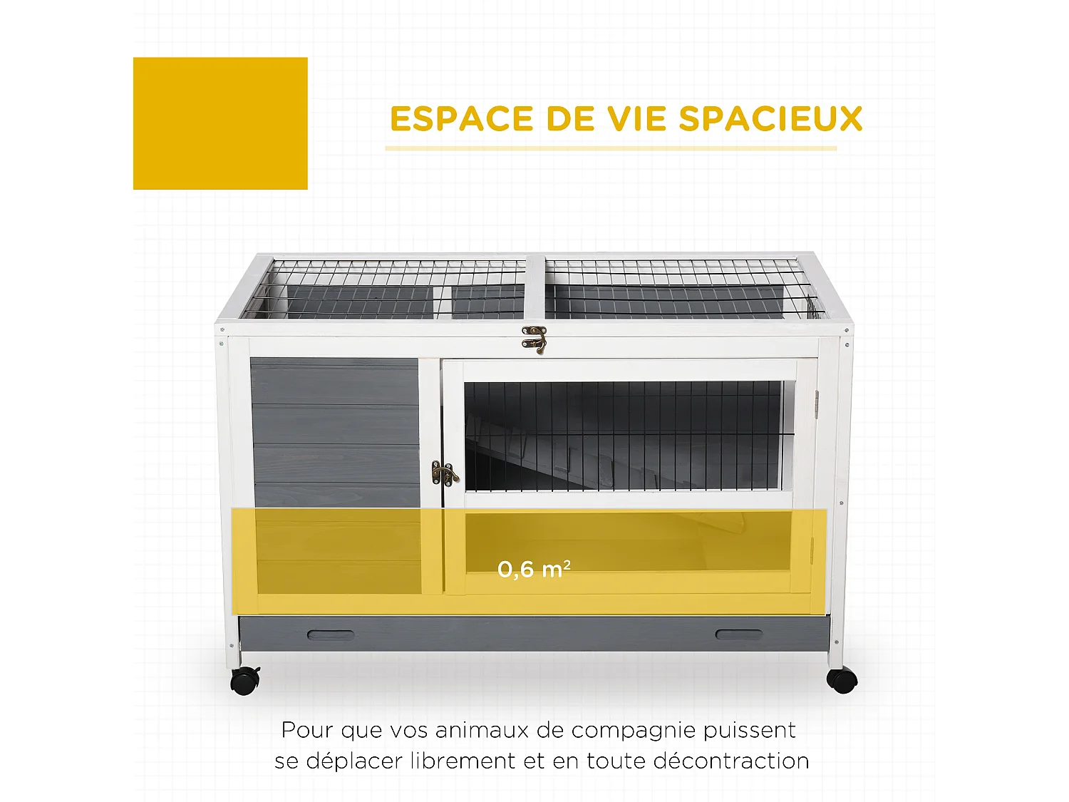 Clapier à lapin sur roulettes cage à lapin 2 niv. 2 portes verrouillables toit ouvrant plateau coulissant rampe bois gris blanc