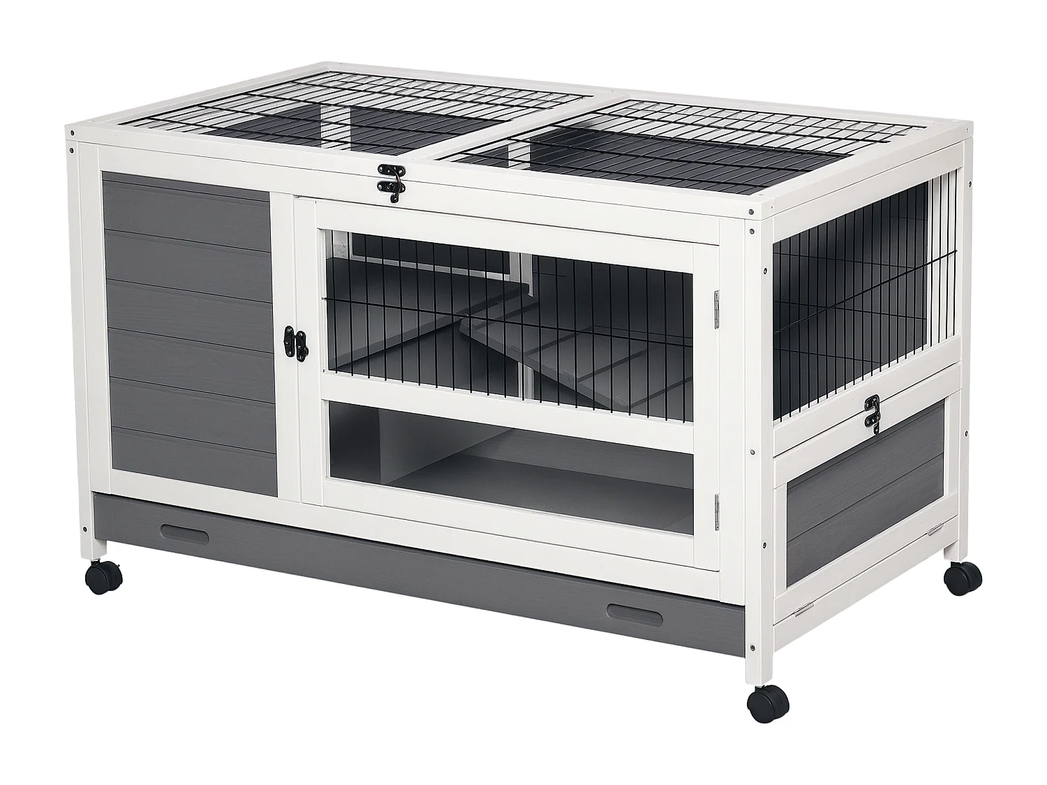 Clapier à lapin sur roulettes cage à lapin 2 niv. 2 portes verrouillables toit ouvrant plateau coulissant rampe bois gris blanc