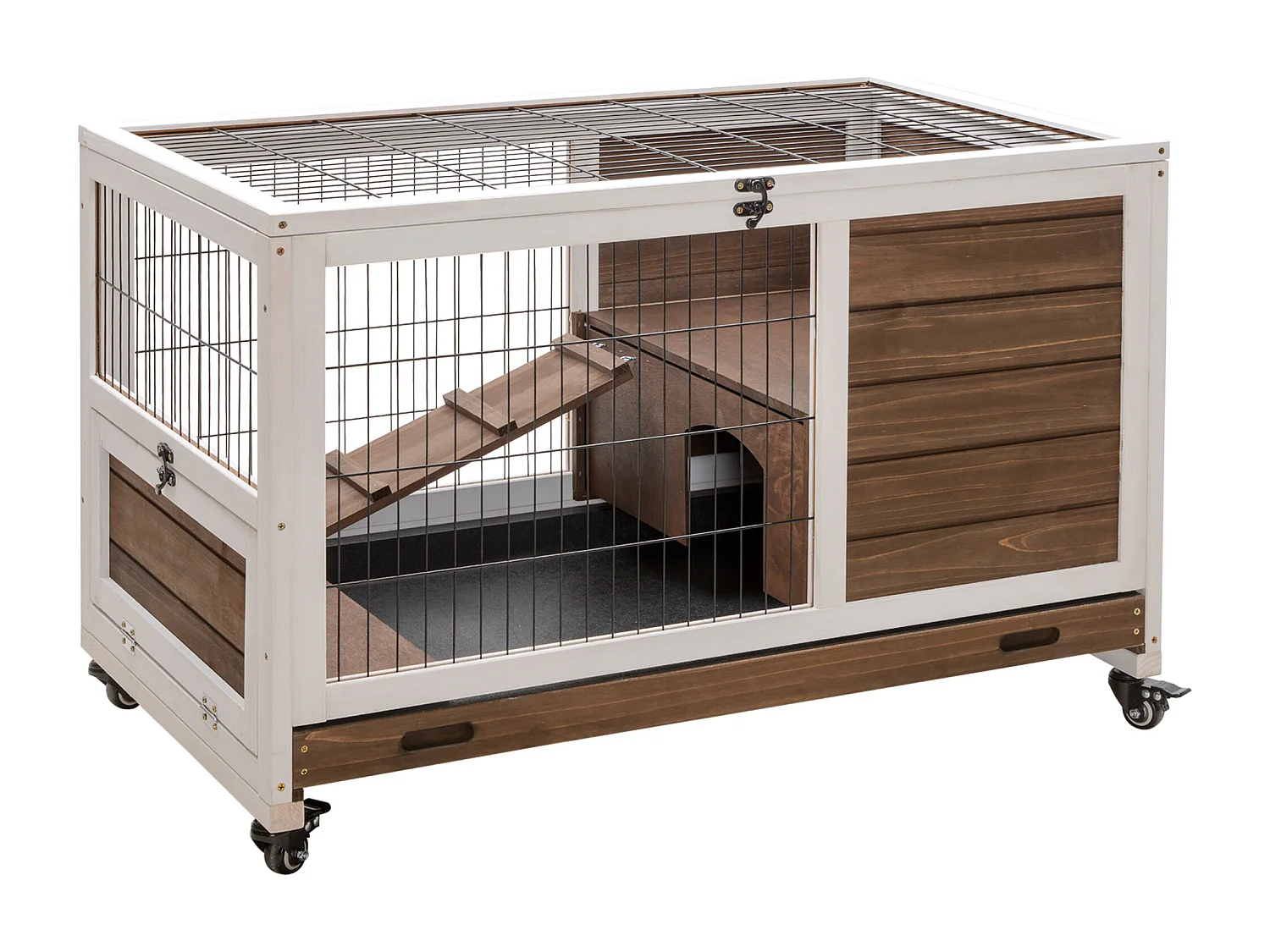 Clapier à lapin sur roulettes cage à lapin 2 étages porte verrouillable toit ouvrant plateau coulissant rampe bois de sapin marron blanc