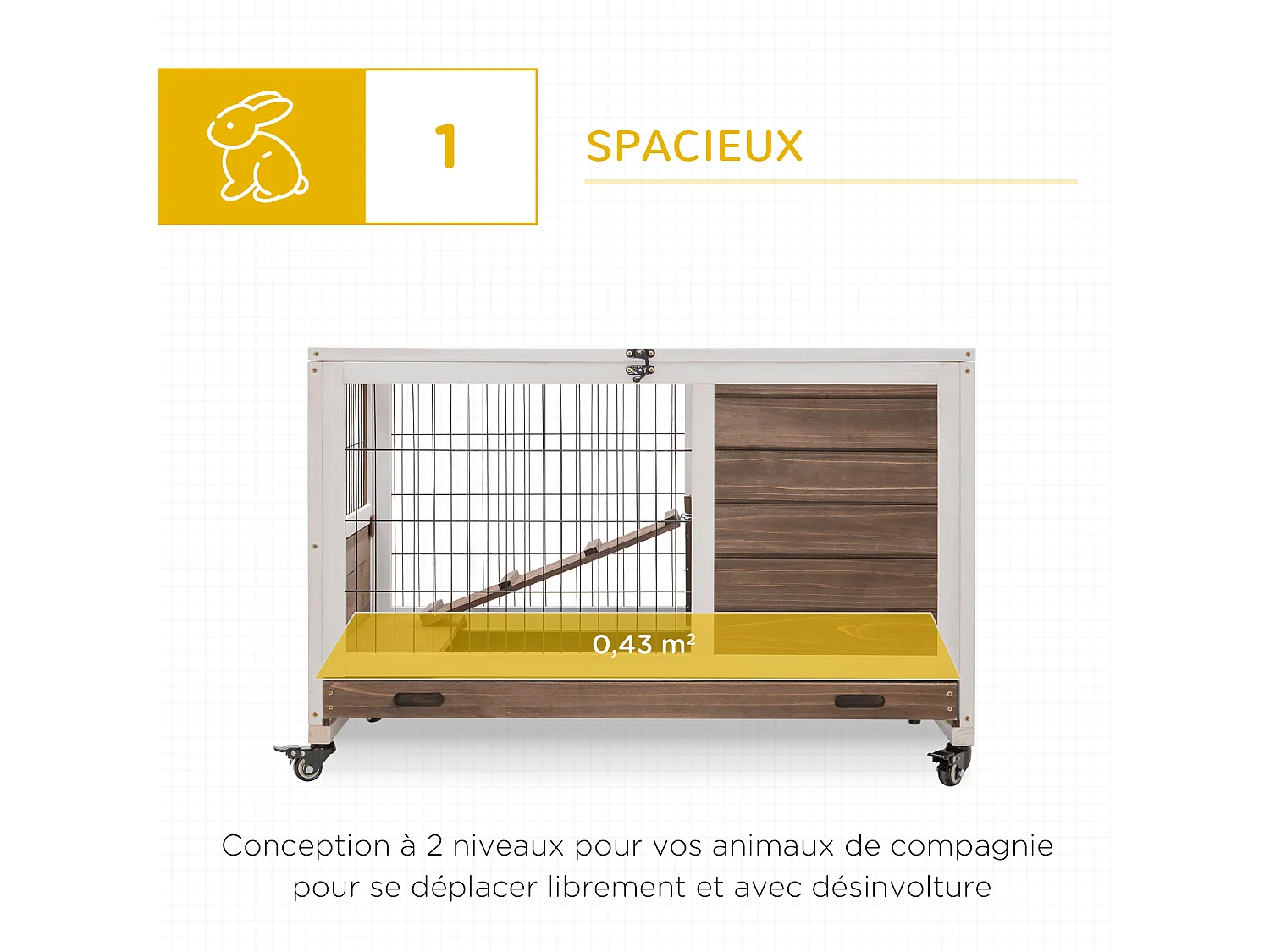 Clapier à lapin sur roulettes cage à lapin 2 étages porte verrouillable toit ouvrant plateau coulissant rampe bois de sapin marron blanc