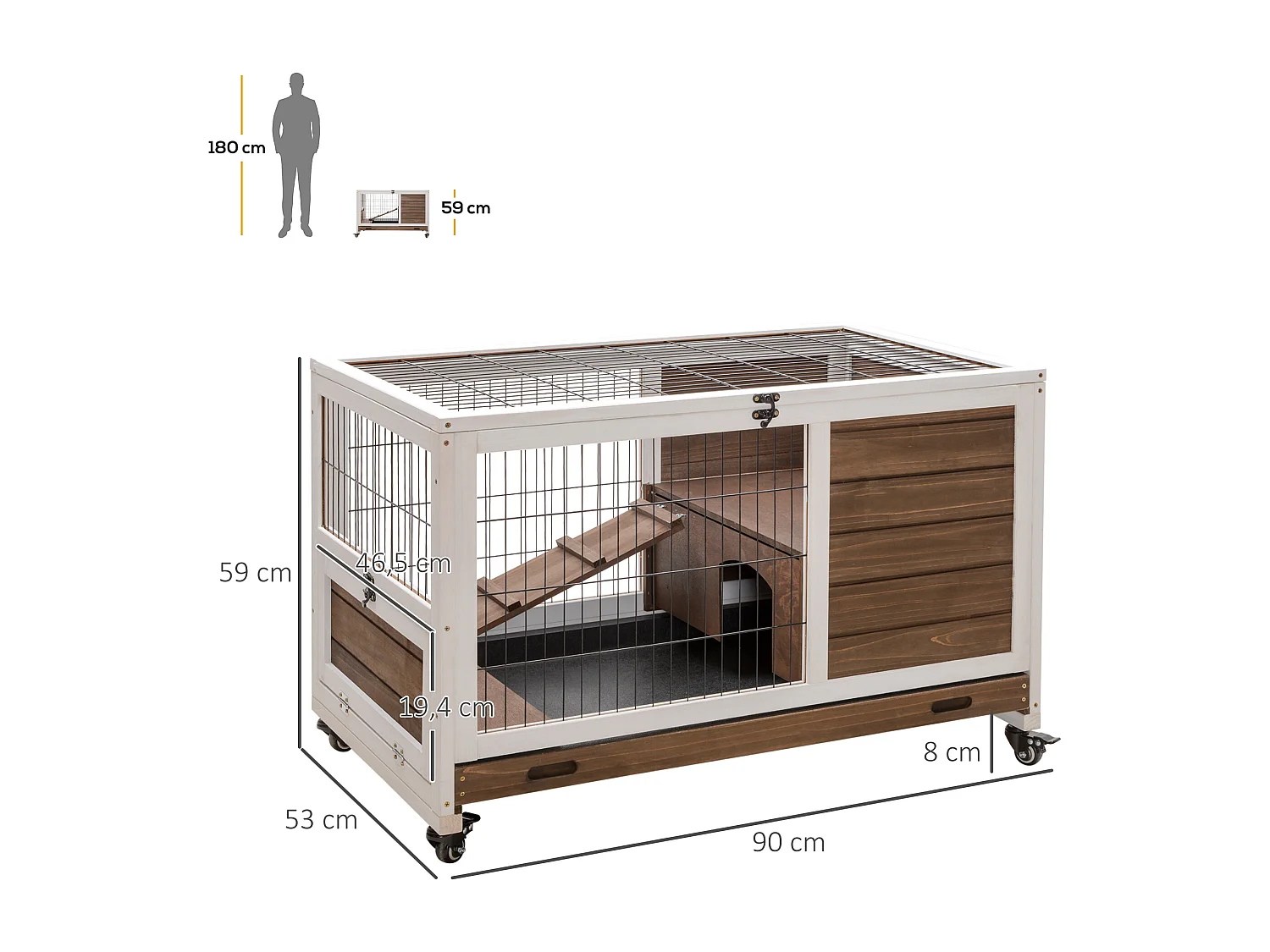Clapier à lapin sur roulettes cage à lapin 2 étages porte verrouillable toit ouvrant plateau coulissant rampe bois de sapin marron blanc