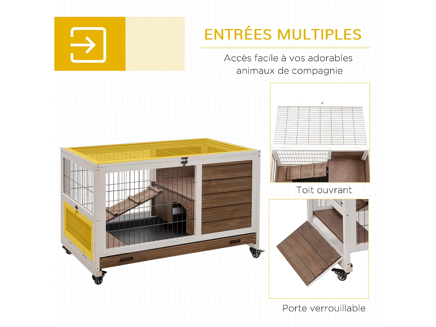 Clapier à lapin sur roulettes cage à lapin 2 étages porte verrouillable toit ouvrant plateau coulissant rampe bois de sapin marron blanc