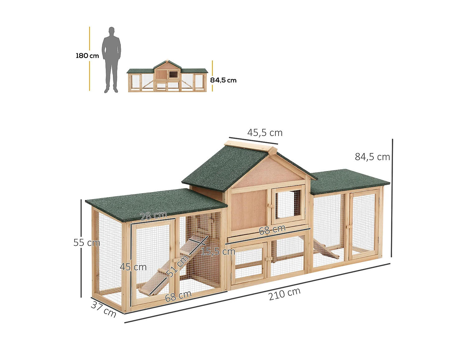 Clapier cage à lapins rongeurs XXL 2 étages toit bitumé intégral tiroir déjection 2,10L x 0,46l x 0,85H m bois massif pin pré-huilé