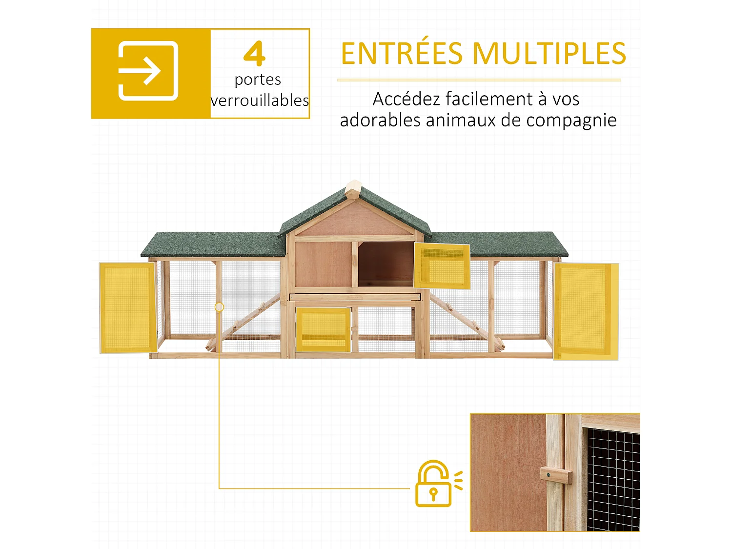 Clapier cage à lapins rongeurs XXL 2 étages toit bitumé intégral tiroir déjection 2,10L x 0,46l x 0,85H m bois massif pin pré-huilé