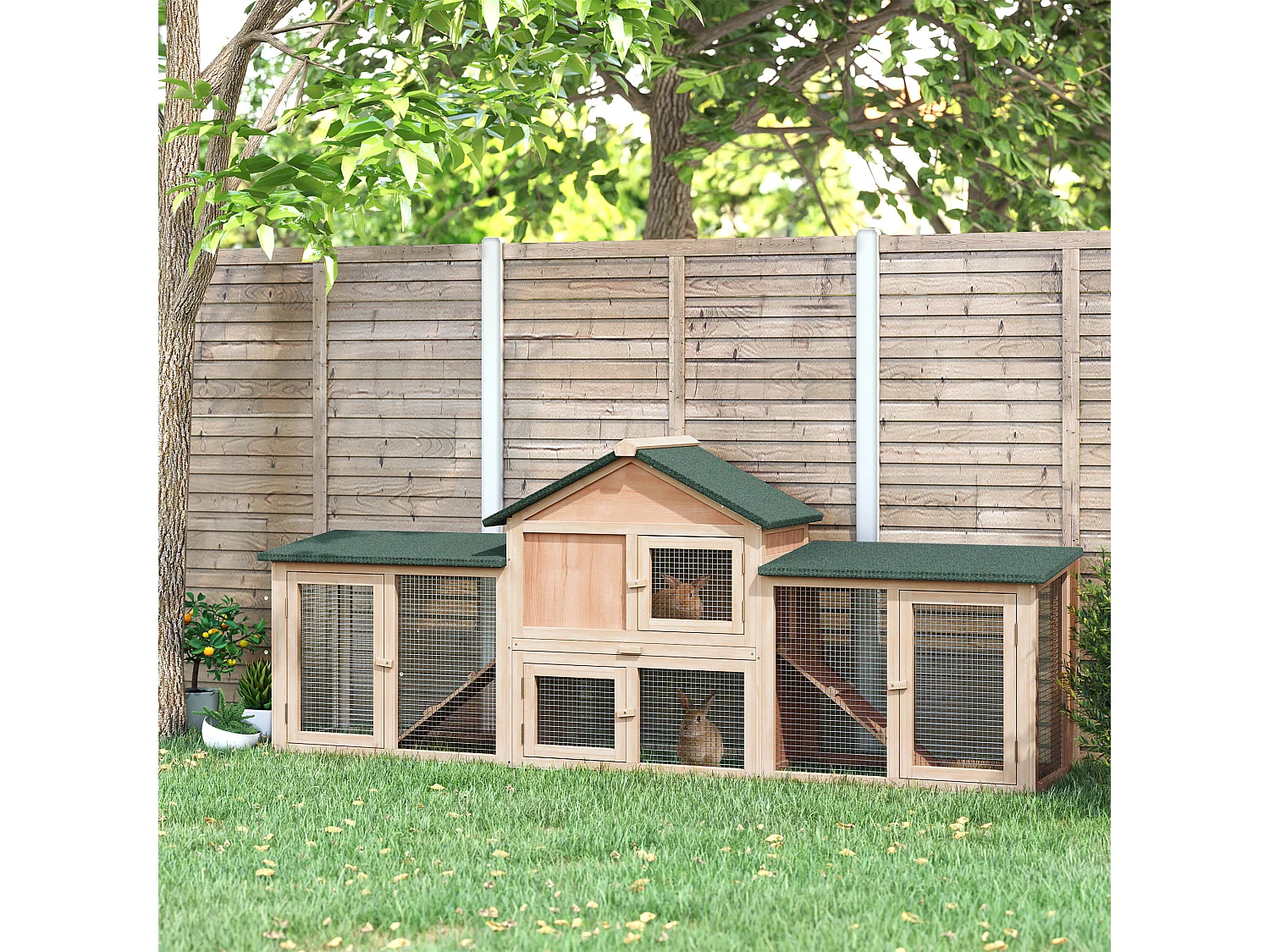 Clapier cage à lapins rongeurs XXL 2 étages toit bitumé intégral tiroir déjection 2,10L x 0,46l x 0,85H m bois massif pin pré-huilé