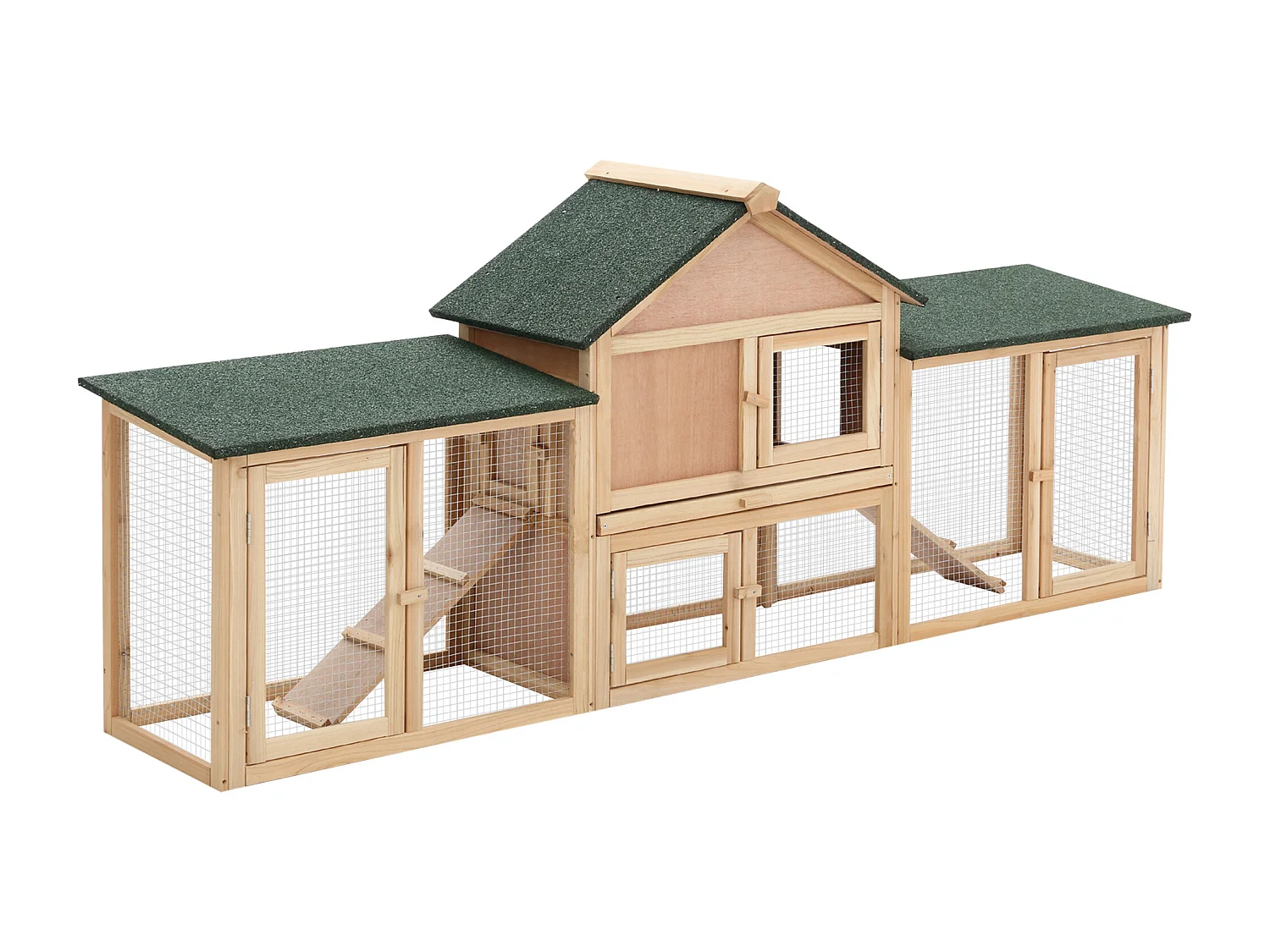 Clapier cage à lapins rongeurs XXL 2 étages toit bitumé intégral tiroir déjection 2,10L x 0,46l x 0,85H m bois massif pin pré-huilé