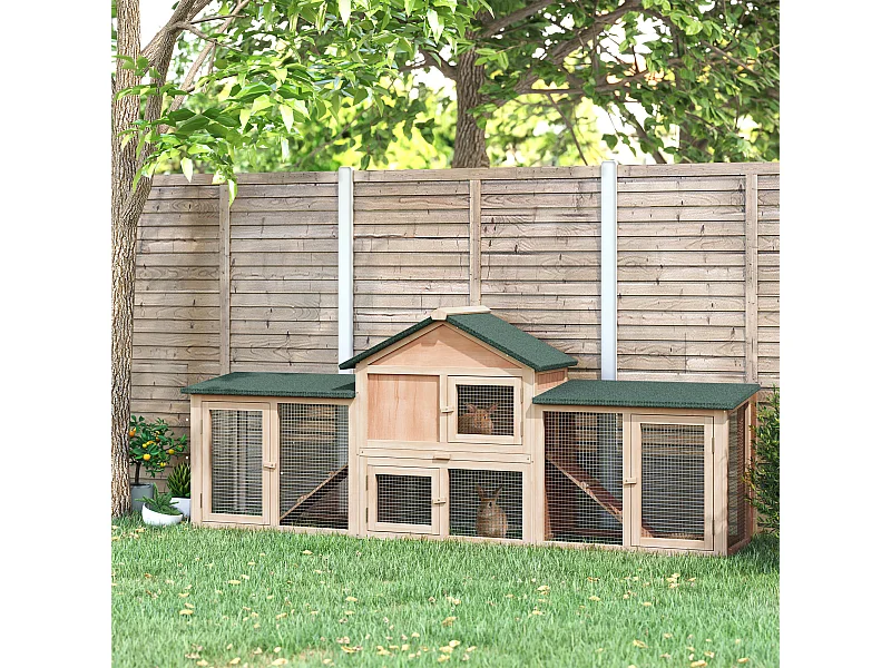 Clapier cage à lapins rongeurs XXL 2 étages toit bitumé intégral tiroir déjection 2,10L x 0,46l x 0,85H m bois massif pin pré-huilé