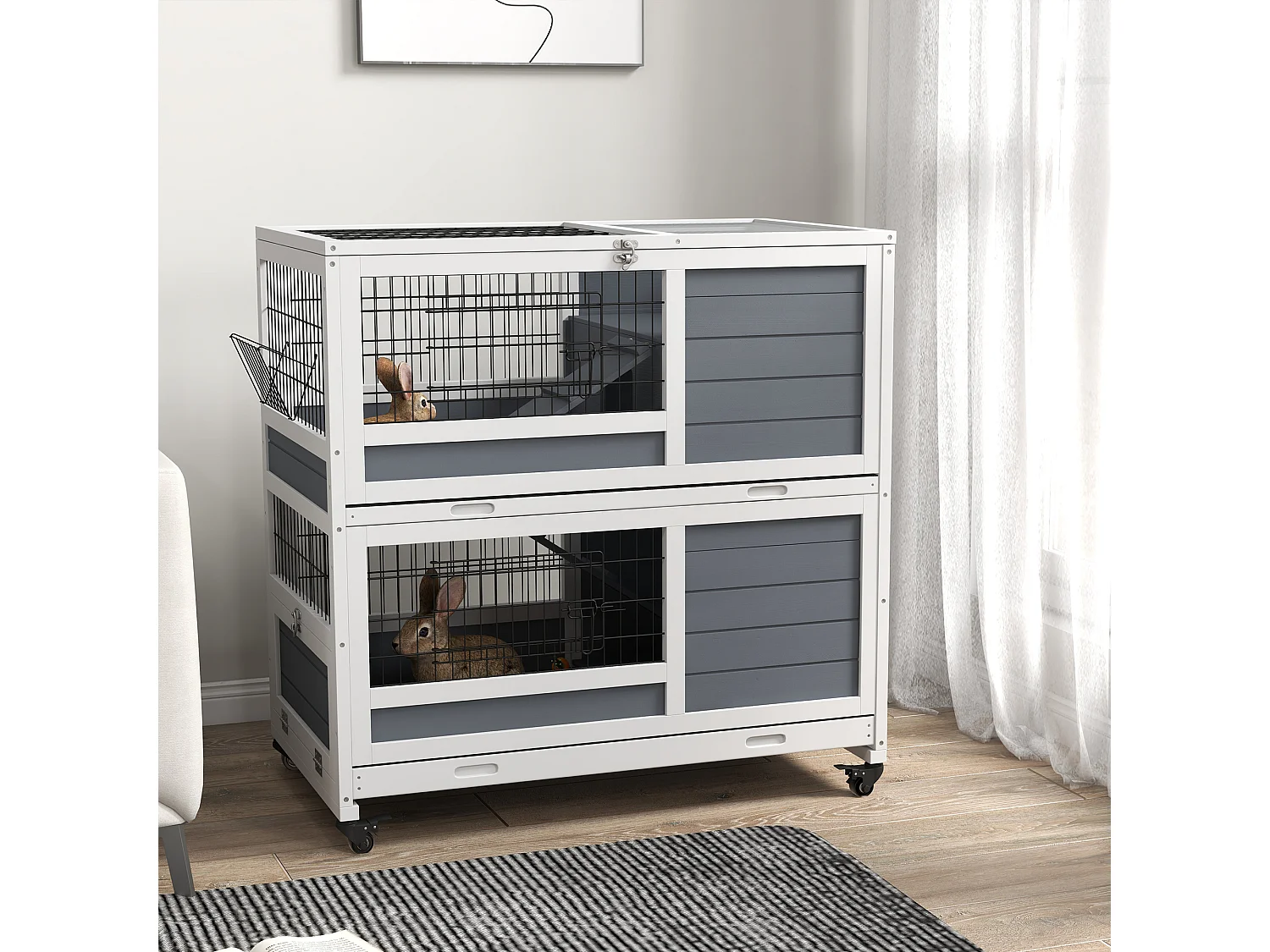 Clapier cage lapin sur roulettes - 2 niveaux, 2 plateaux, 3 portes, rampes - bois sapin gris blanc