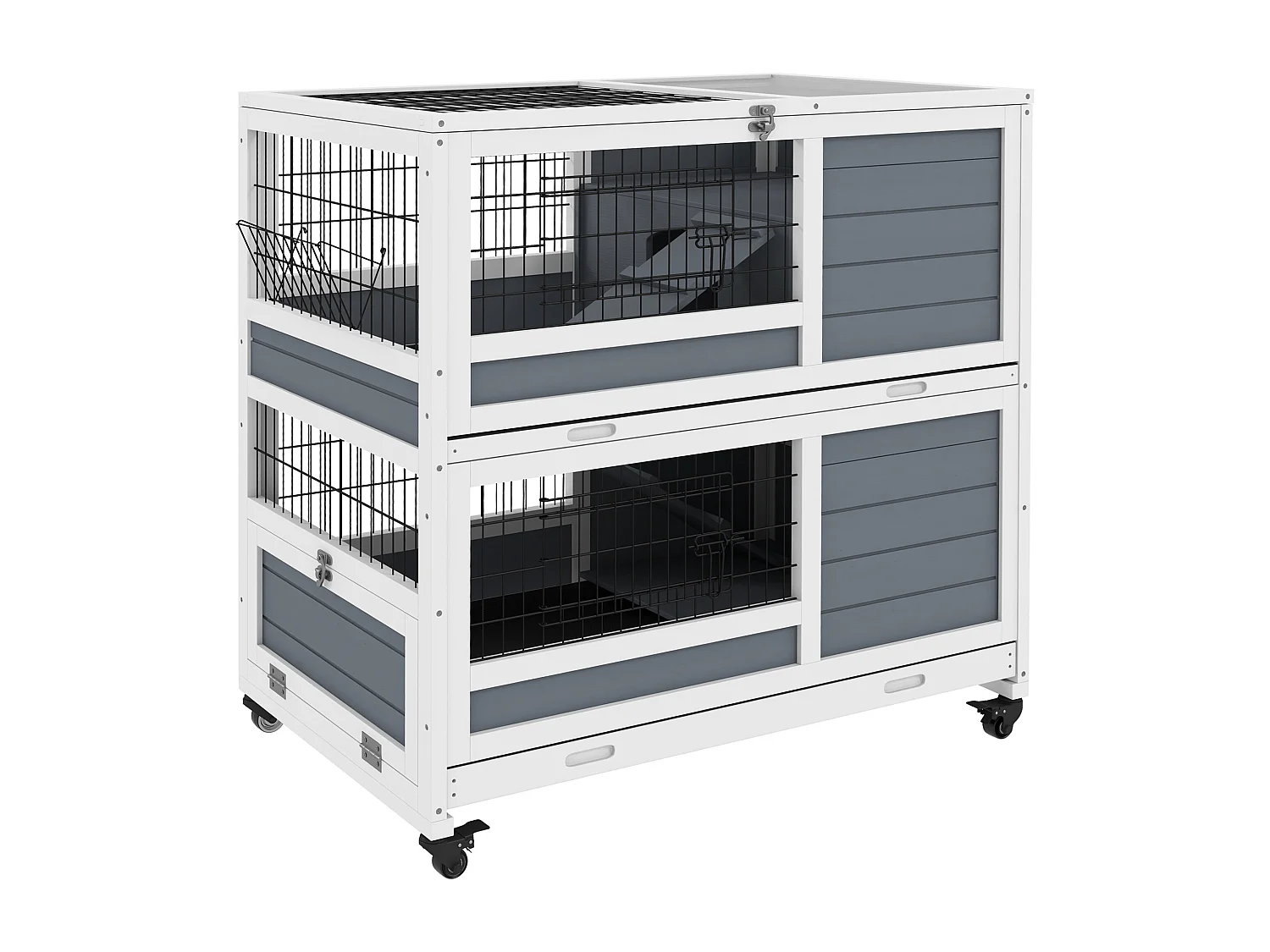 Clapier cage lapin sur roulettes - 2 niveaux, 2 plateaux, 3 portes, rampes - bois sapin gris blanc