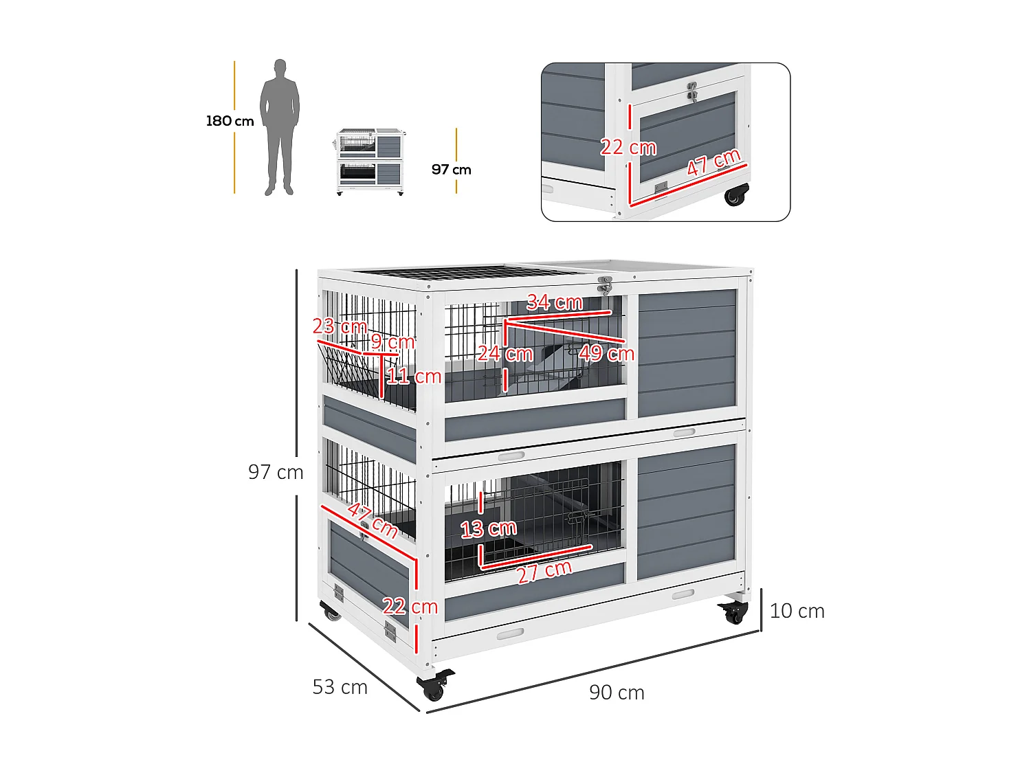 Clapier cage lapin sur roulettes - 2 niveaux, 2 plateaux, 3 portes, rampes - bois sapin gris blanc