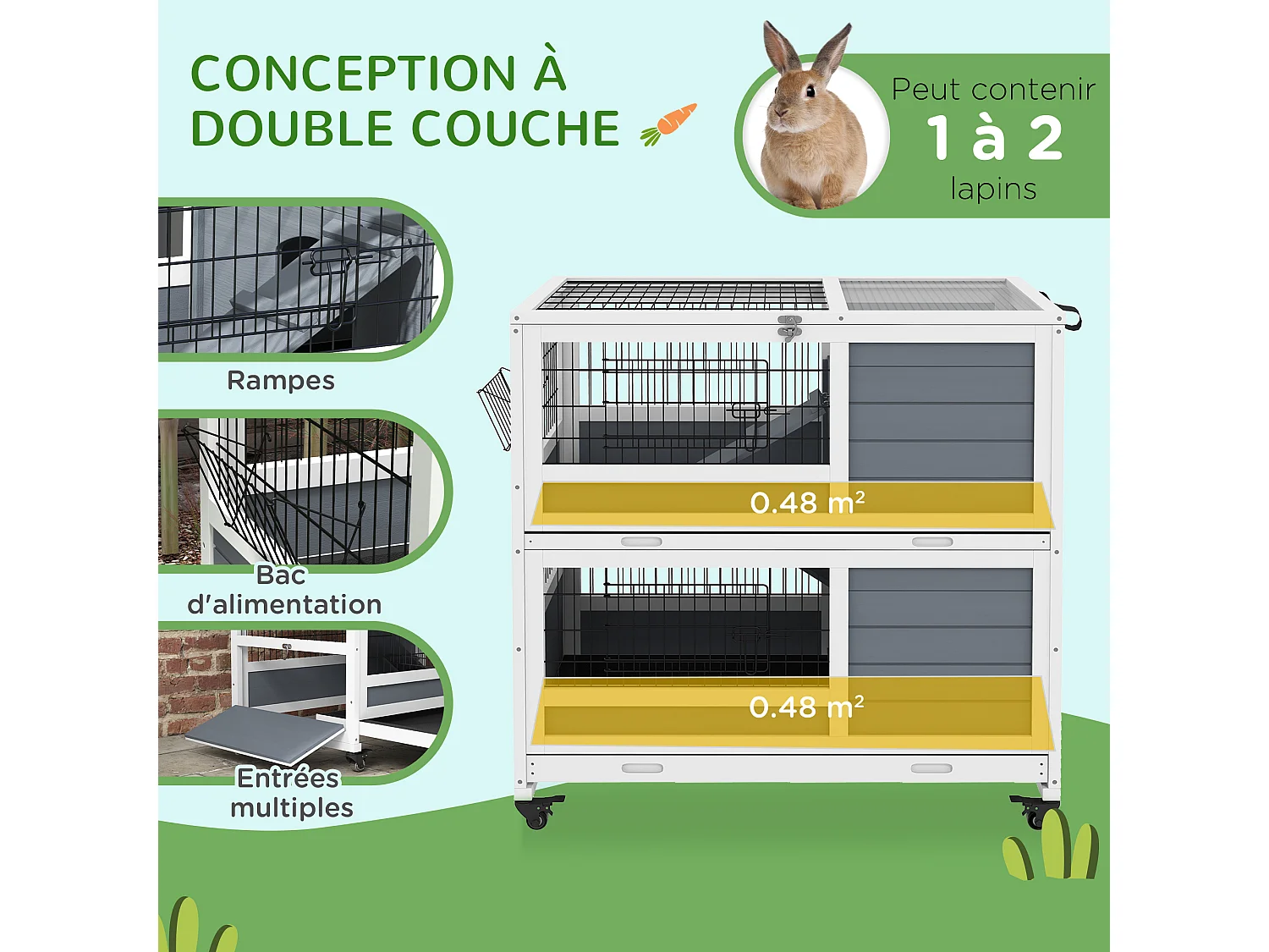 Clapier cage lapin sur roulettes - 2 niveaux, 2 plateaux, 3 portes, rampes - bois sapin gris blanc