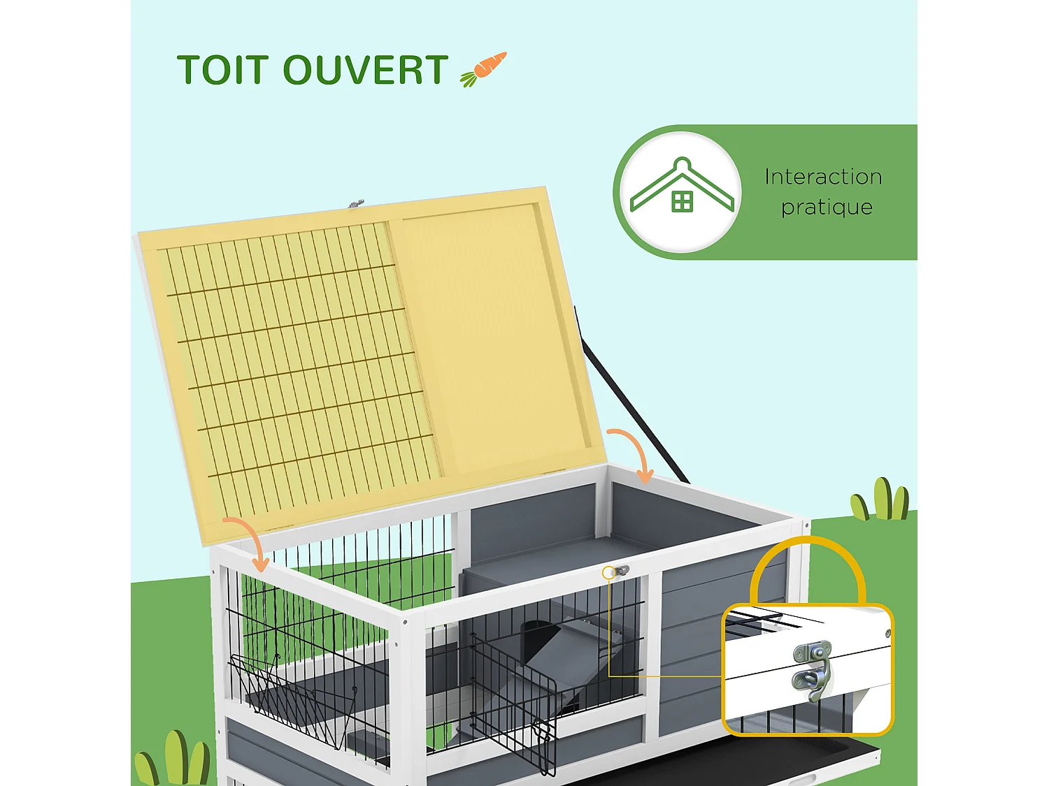 Clapier cage lapin sur roulettes - 2 niveaux, 2 plateaux, 3 portes, rampes - bois sapin gris blanc