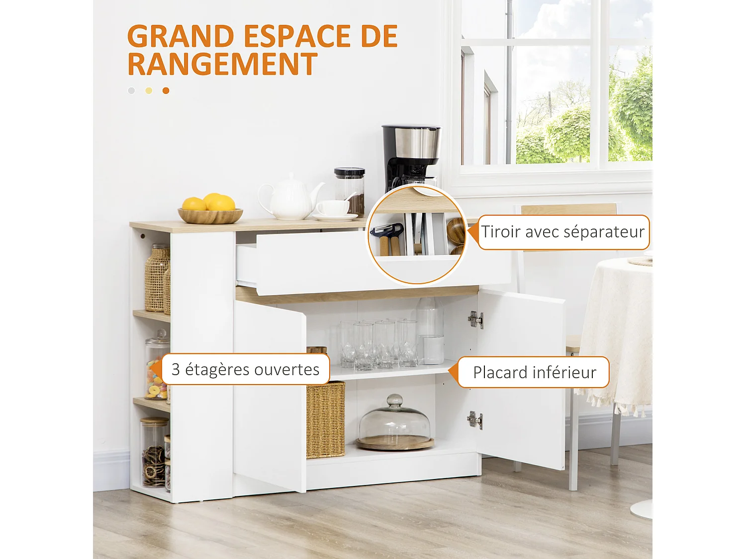 Buffet 2 portes étagère tiroir coulissant 3 niches latérales panneaux blanc aspect chêne clair