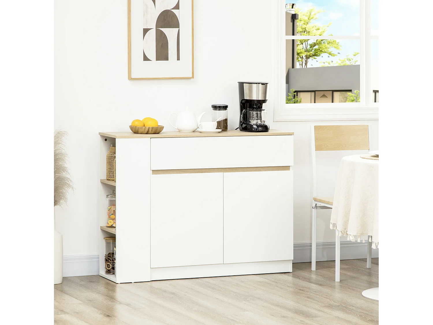 Buffet 2 portes étagère tiroir coulissant 3 niches latérales panneaux blanc aspect chêne clair