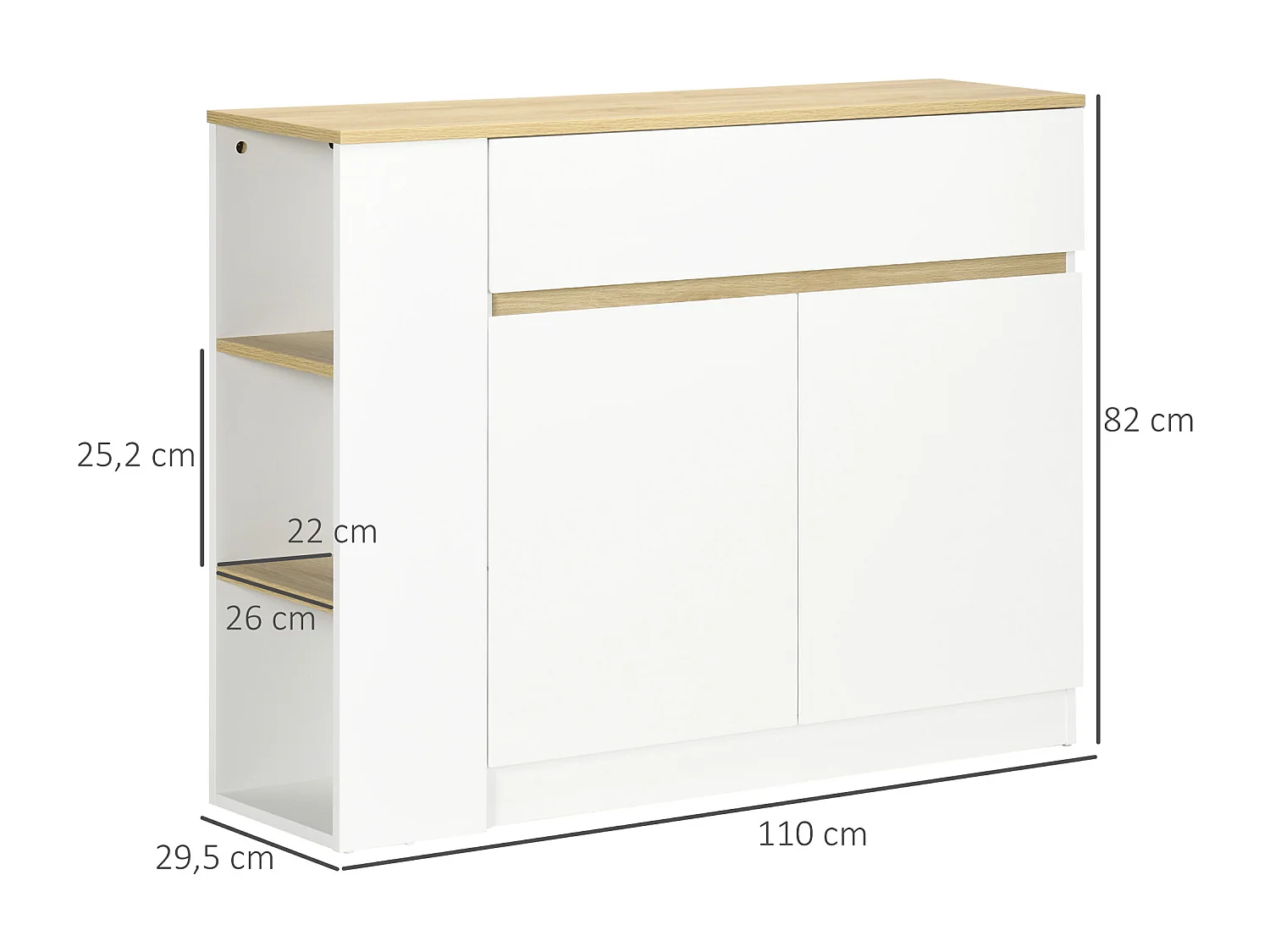 Buffet 2 portes étagère tiroir coulissant 3 niches latérales panneaux blanc aspect chêne clair