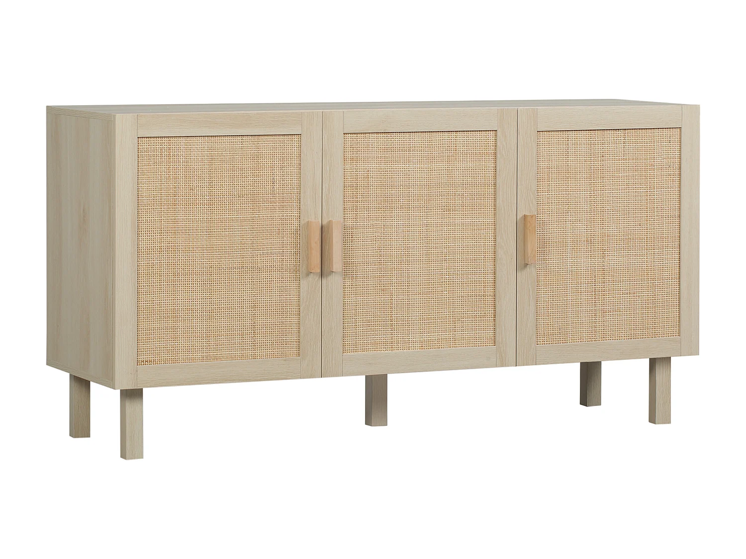 Buffet 3 portes style bohème chic cannage en rotin panneaux aspect bois clair