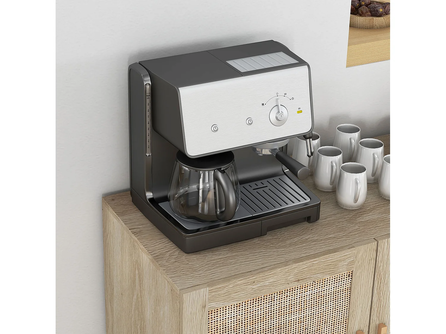 Buffet 3 portes style bohème chic cannage en rotin panneaux aspect bois clair