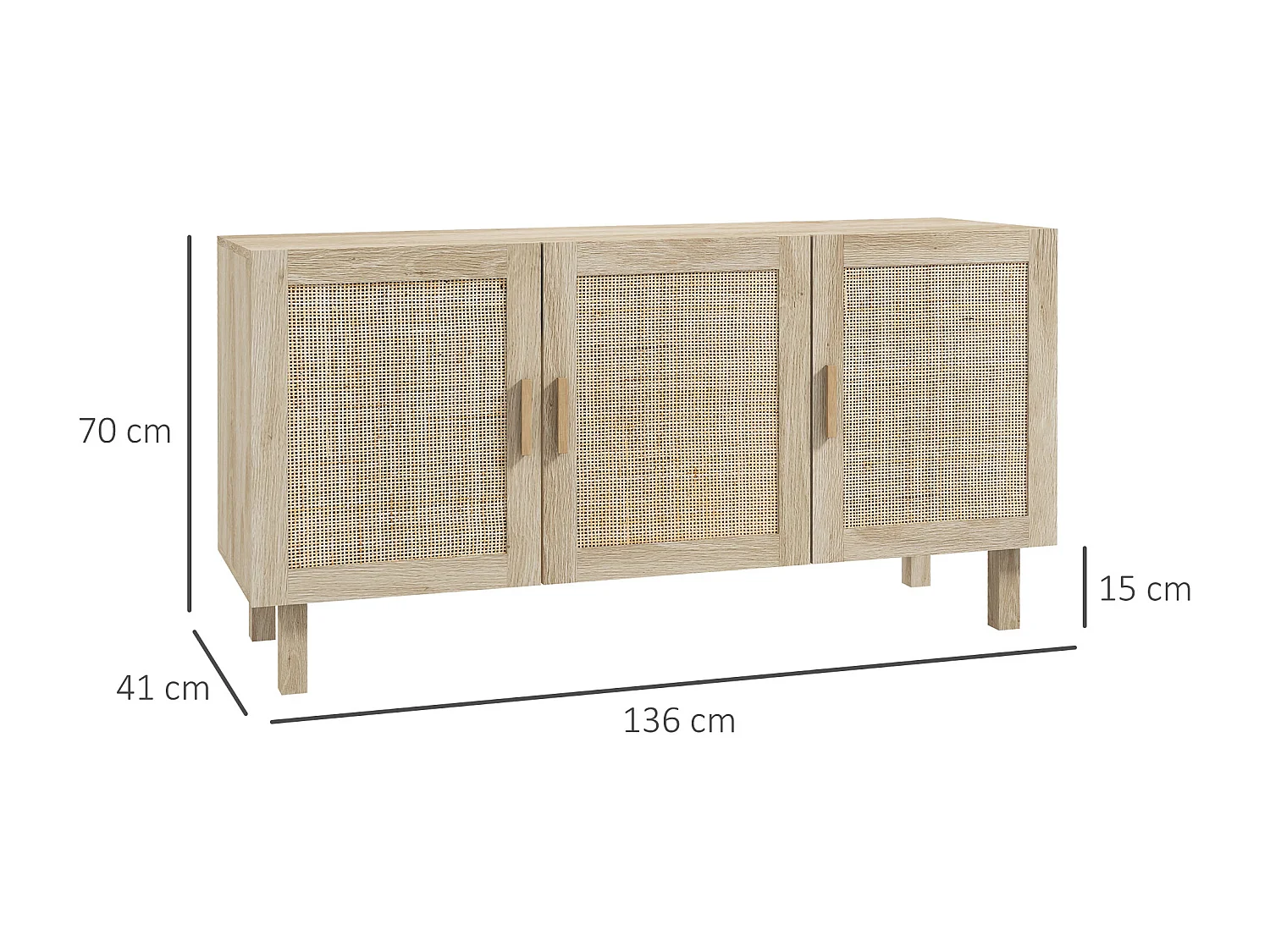 Buffet 3 portes style bohème chic cannage en rotin panneaux aspect bois clair