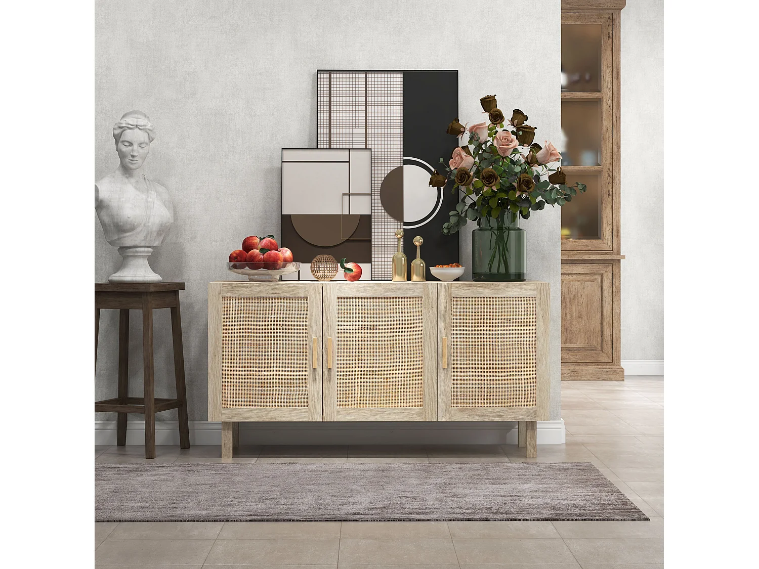 Buffet 3 portes style bohème chic cannage en rotin panneaux aspect bois clair