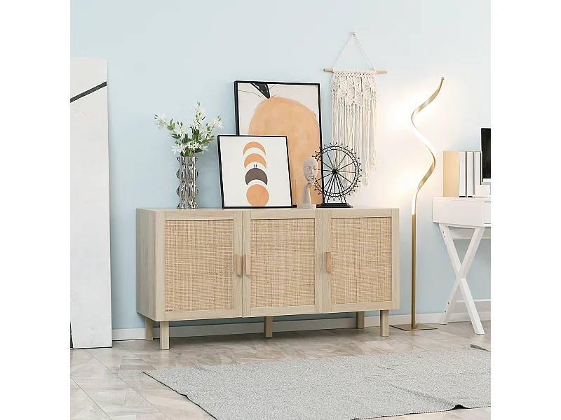 Buffet 3 portes style bohème chic cannage en rotin panneaux aspect bois clair