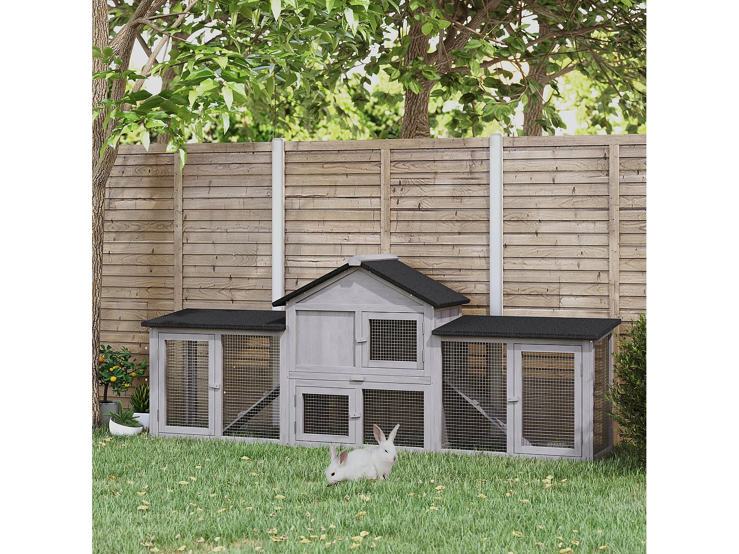 Clapier cage à lapins rongeurs XXL 2 étages toit bitumé intégral tiroir déjection 2,10L x 0,46l x 0,85H m bois pin pré-huilé gris