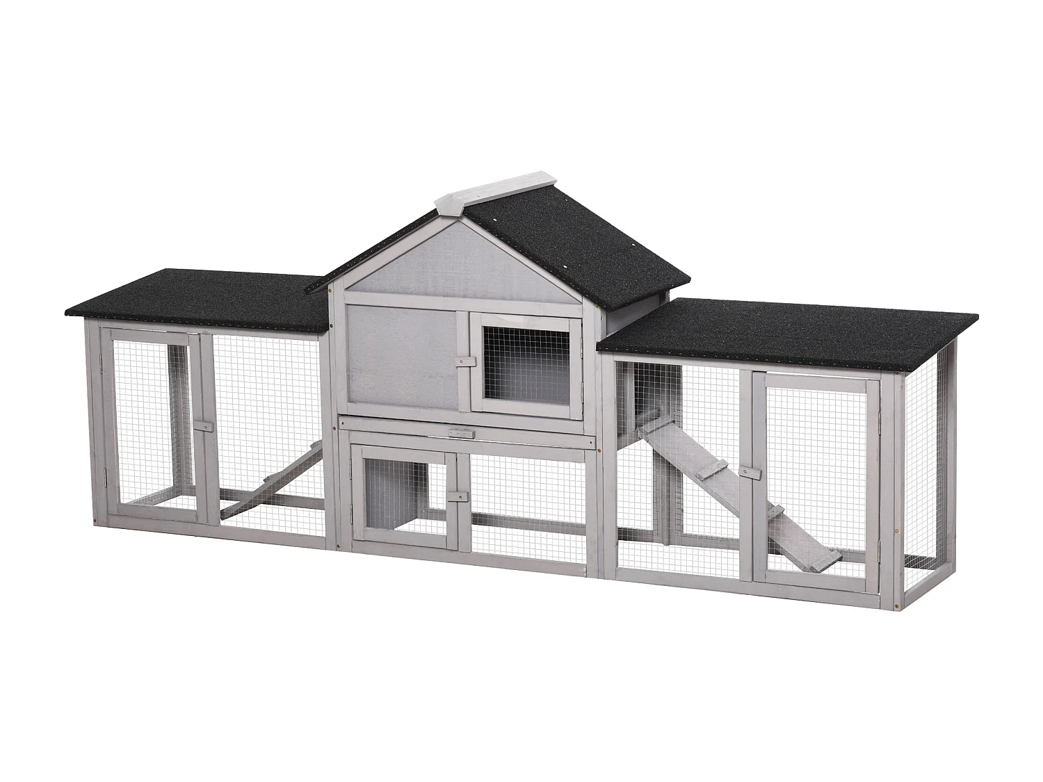 Clapier cage à lapins rongeurs XXL 2 étages toit bitumé intégral tiroir déjection 2,10L x 0,46l x 0,85H m bois pin pré-huilé gris