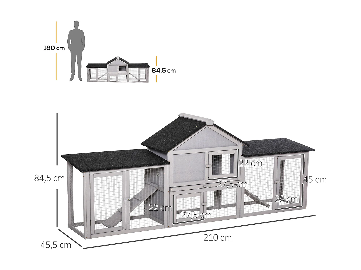 Clapier cage à lapins rongeurs XXL 2 étages toit bitumé intégral tiroir déjection 2,10L x 0,46l x 0,85H m bois pin pré-huilé gris