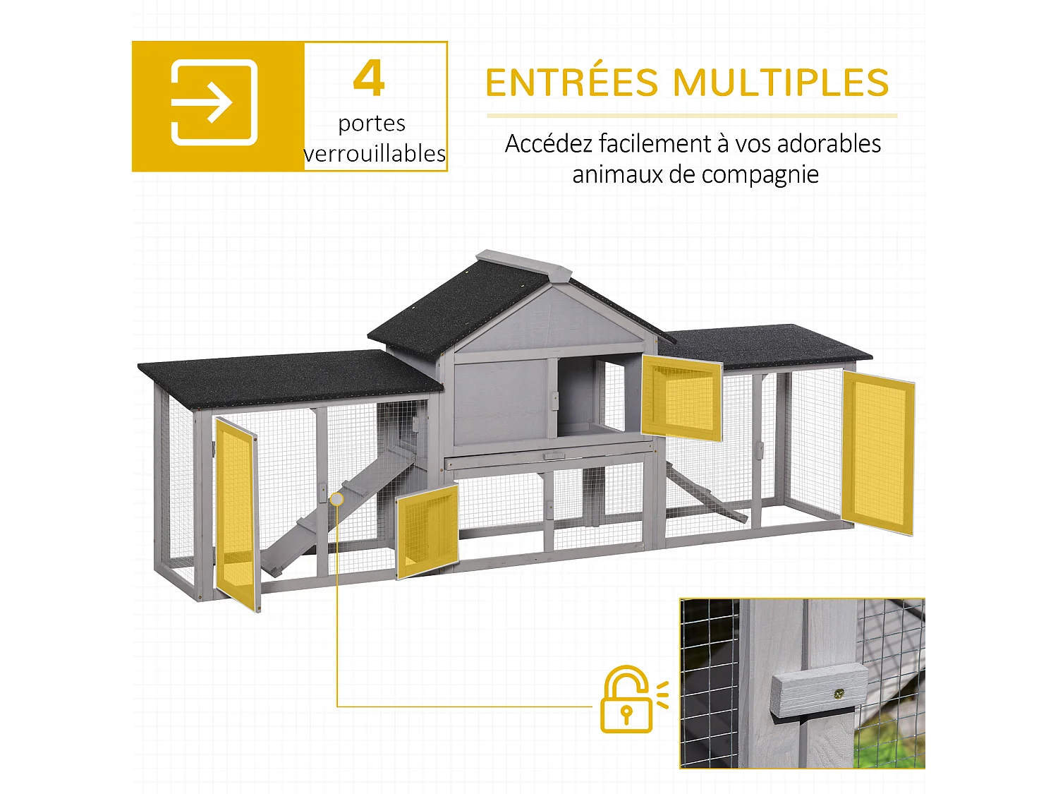 Clapier cage à lapins rongeurs XXL 2 étages toit bitumé intégral tiroir déjection 2,10L x 0,46l x 0,85H m bois pin pré-huilé gris