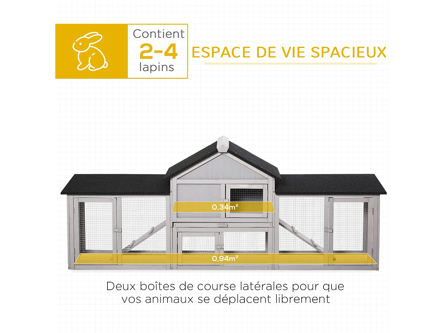 Clapier cage à lapins rongeurs XXL 2 étages toit bitumé intégral tiroir déjection 2,10L x 0,46l x 0,85H m bois pin pré-huilé gris