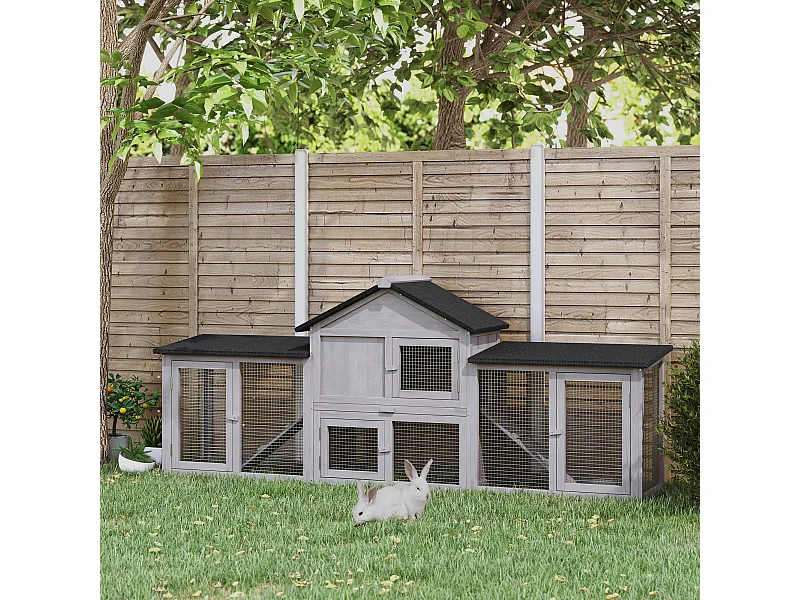 Clapier cage à lapins rongeurs XXL 2 étages toit bitumé intégral tiroir déjection 2,10L x 0,46l x 0,85H m bois pin pré-huilé gris