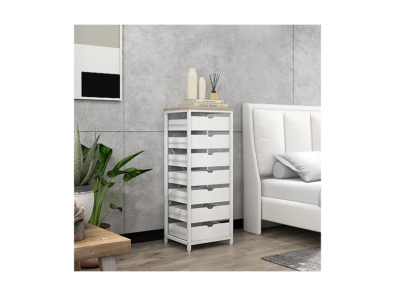 Meuble de rangement chiffonnier moderne 7 tiroirs poignées invisibles acier panneaux blanc chêne clair