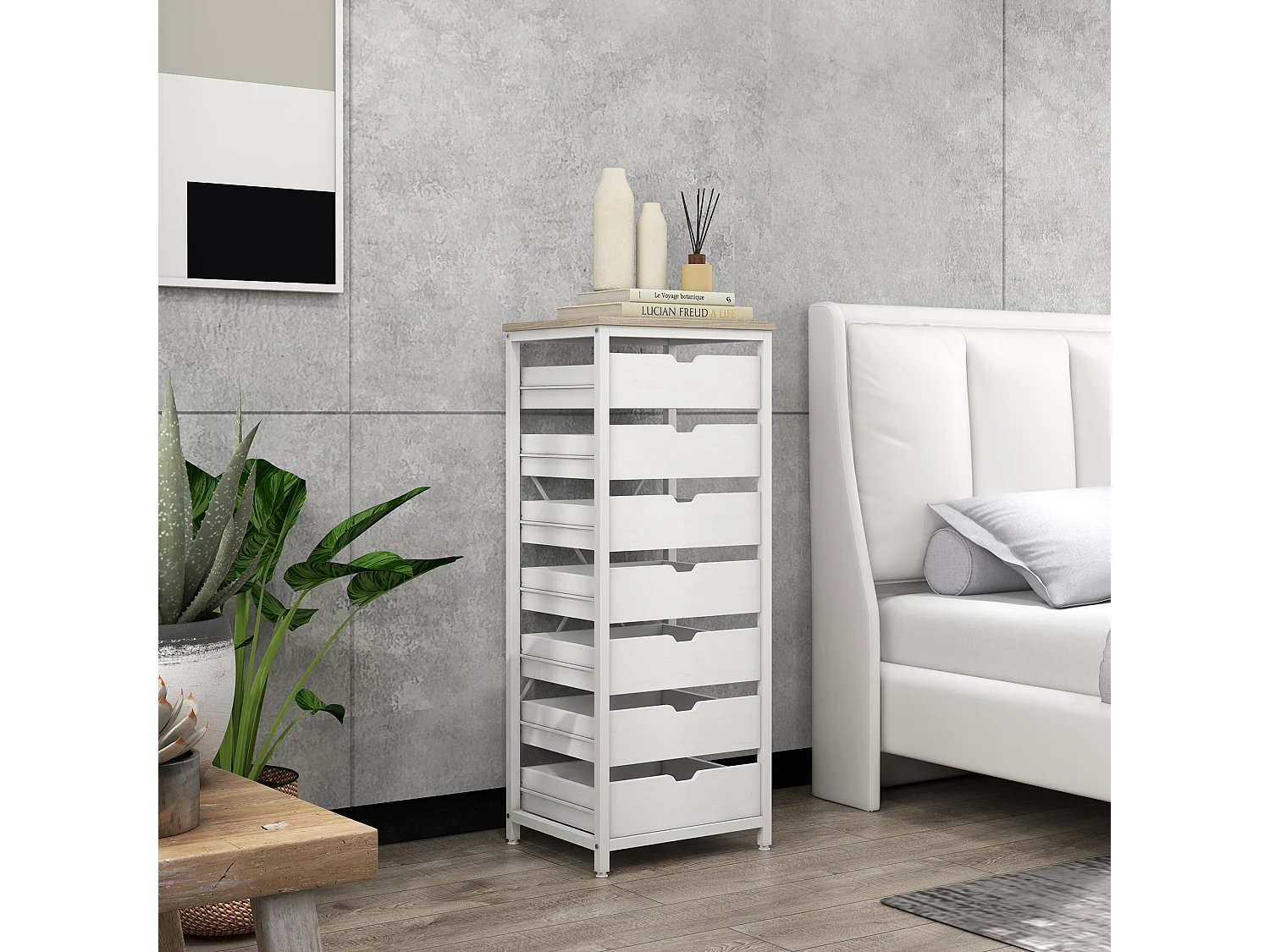 Meuble de rangement chiffonnier moderne 7 tiroirs poignées invisibles acier panneaux blanc chêne clair