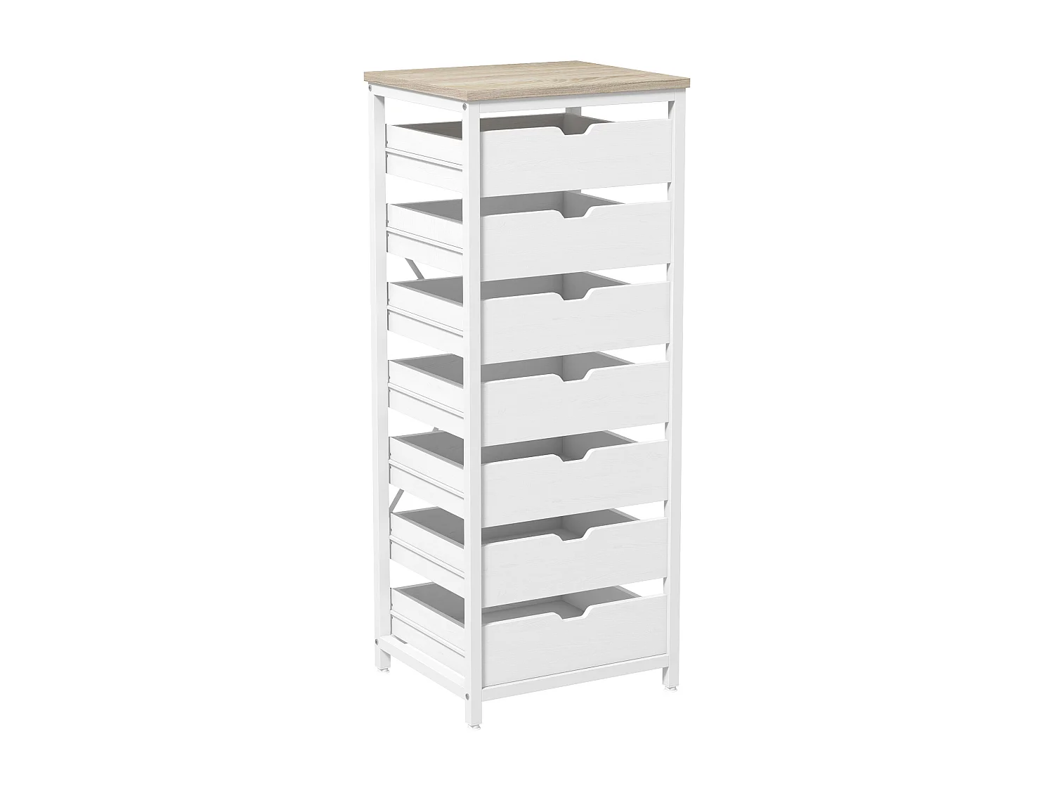 Meuble de rangement chiffonnier moderne 7 tiroirs poignées invisibles acier panneaux blanc chêne clair