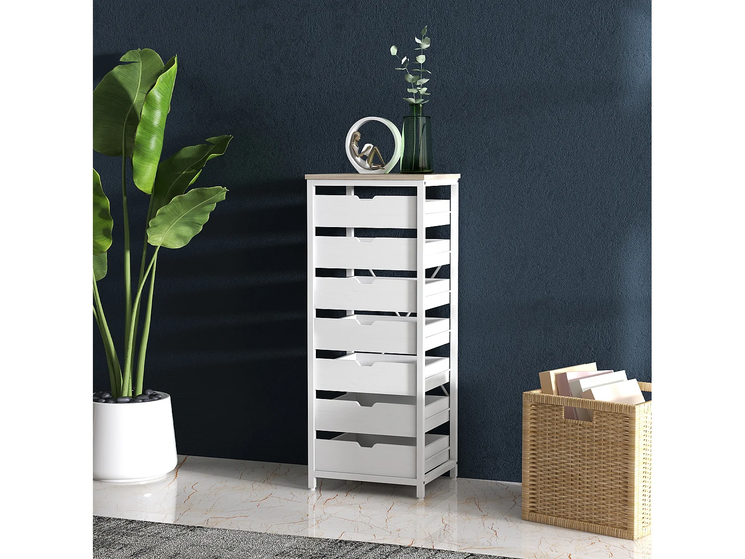 Meuble de rangement chiffonnier moderne 7 tiroirs poignées invisibles acier panneaux blanc chêne clair