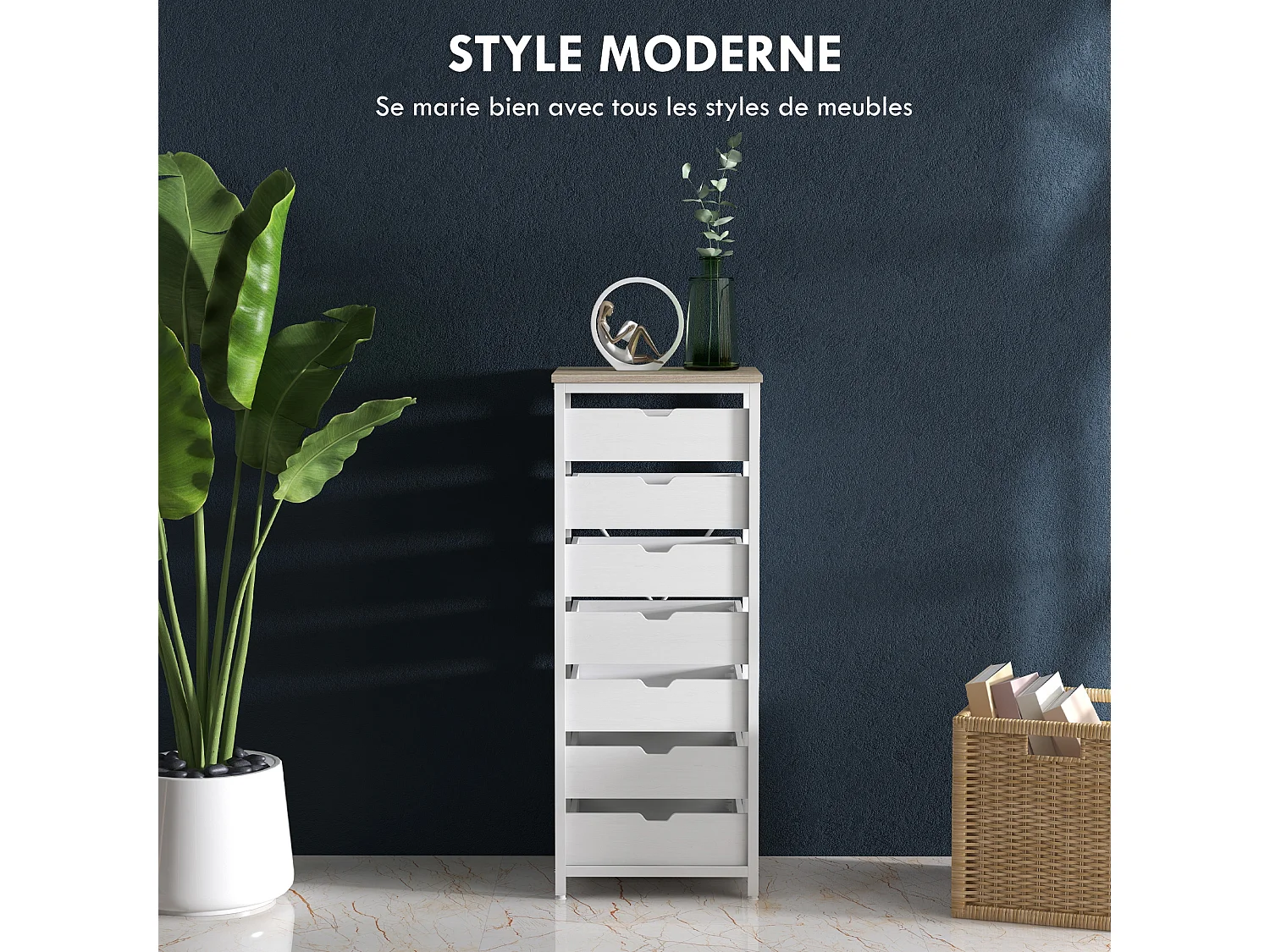 Meuble de rangement chiffonnier moderne 7 tiroirs poignées invisibles acier panneaux blanc chêne clair