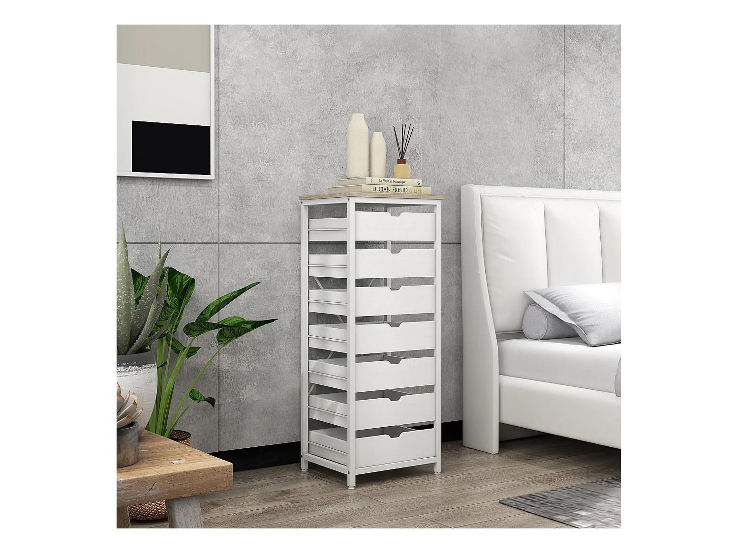 Meuble de rangement chiffonnier moderne 7 tiroirs poignées invisibles acier panneaux blanc chêne clair