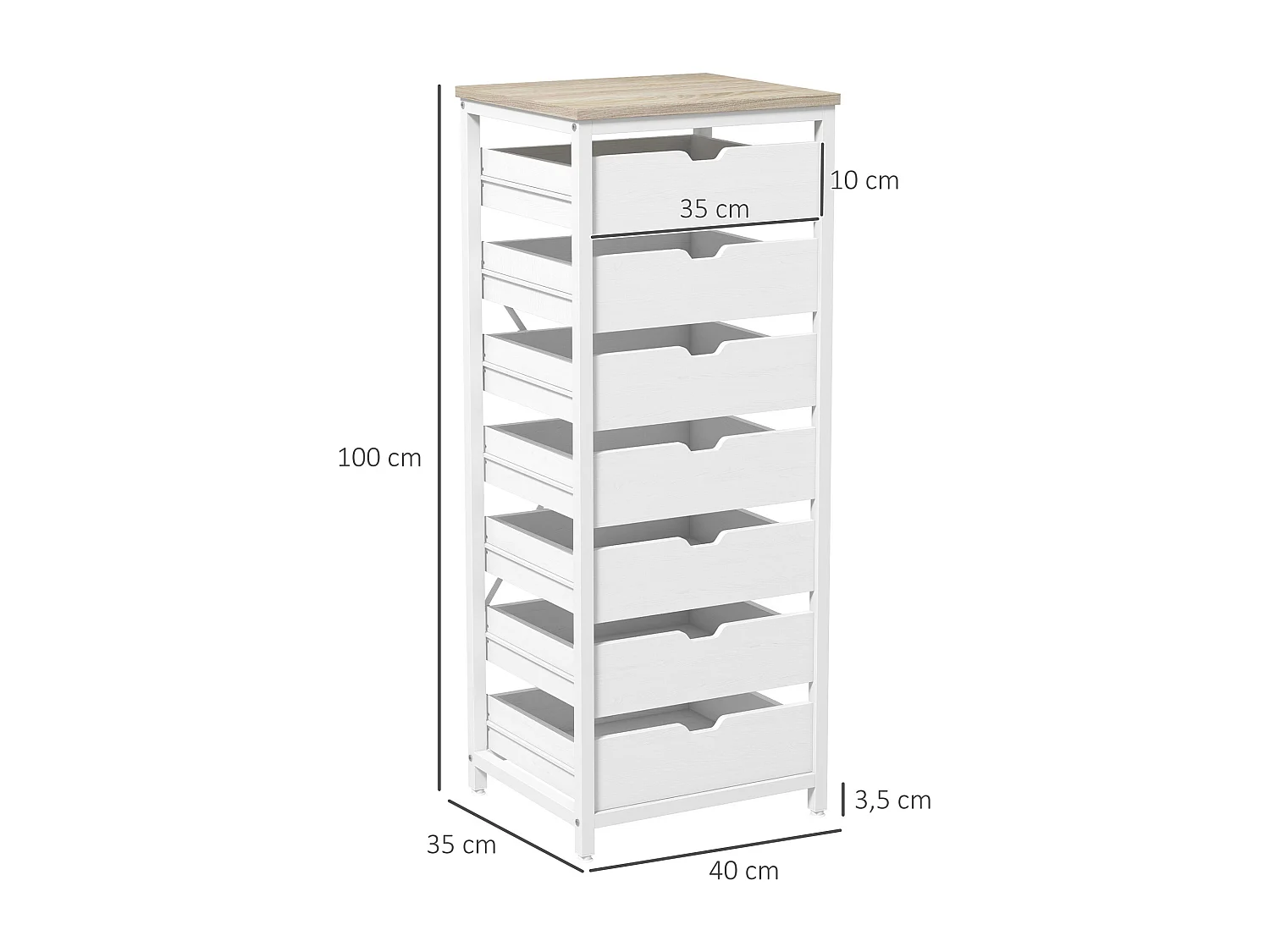 Meuble de rangement chiffonnier moderne 7 tiroirs poignées invisibles acier panneaux blanc chêne clair