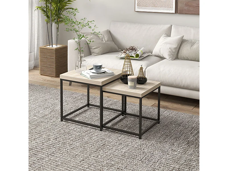 Lot de 2 tables basses gigognes carrées style contemporain - acier noir panneaux aspect chêne clair