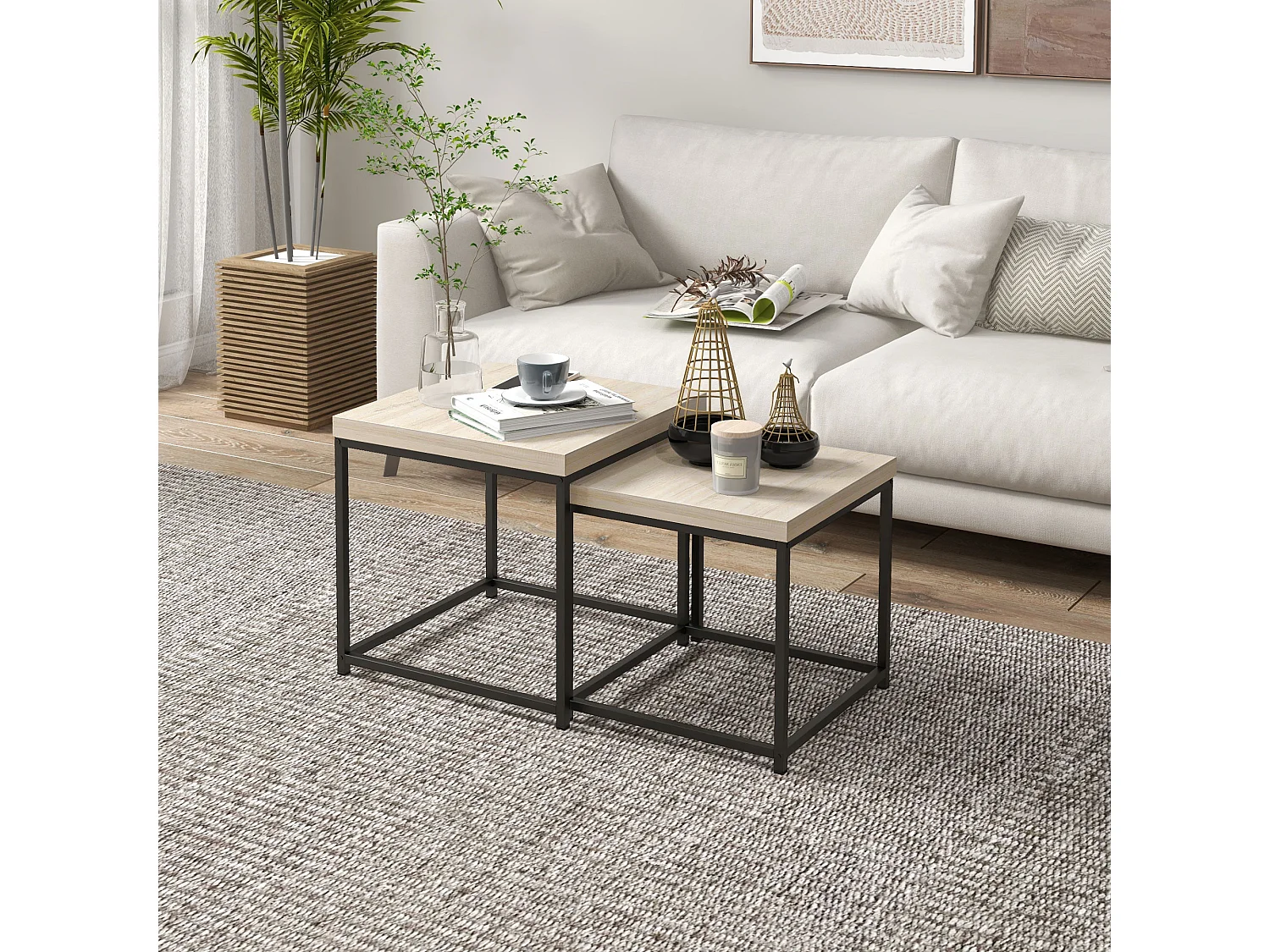 Lot de 2 tables basses gigognes carrées style contemporain - acier noir panneaux aspect chêne clair