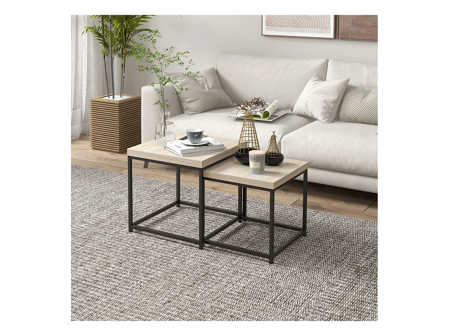Lot de 2 tables basses gigognes carrées style contemporain - acier noir panneaux aspect chêne clair
